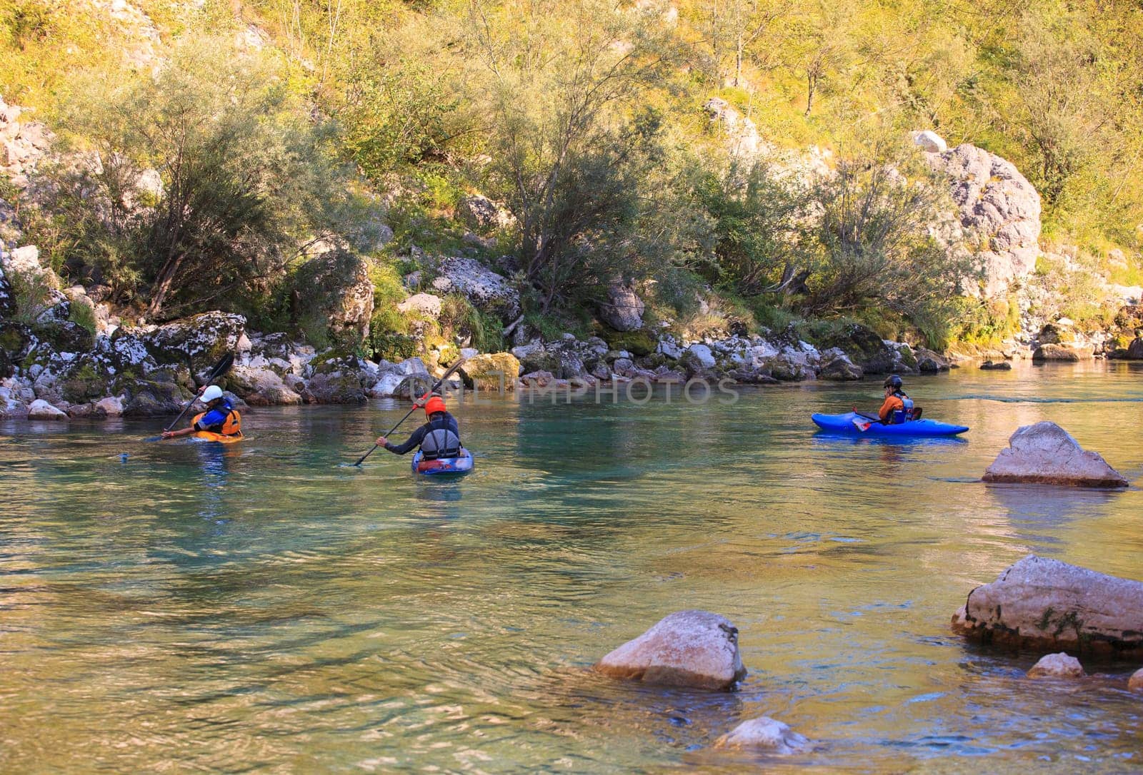 Kayaking in the summer on the Soca river, Slovenia