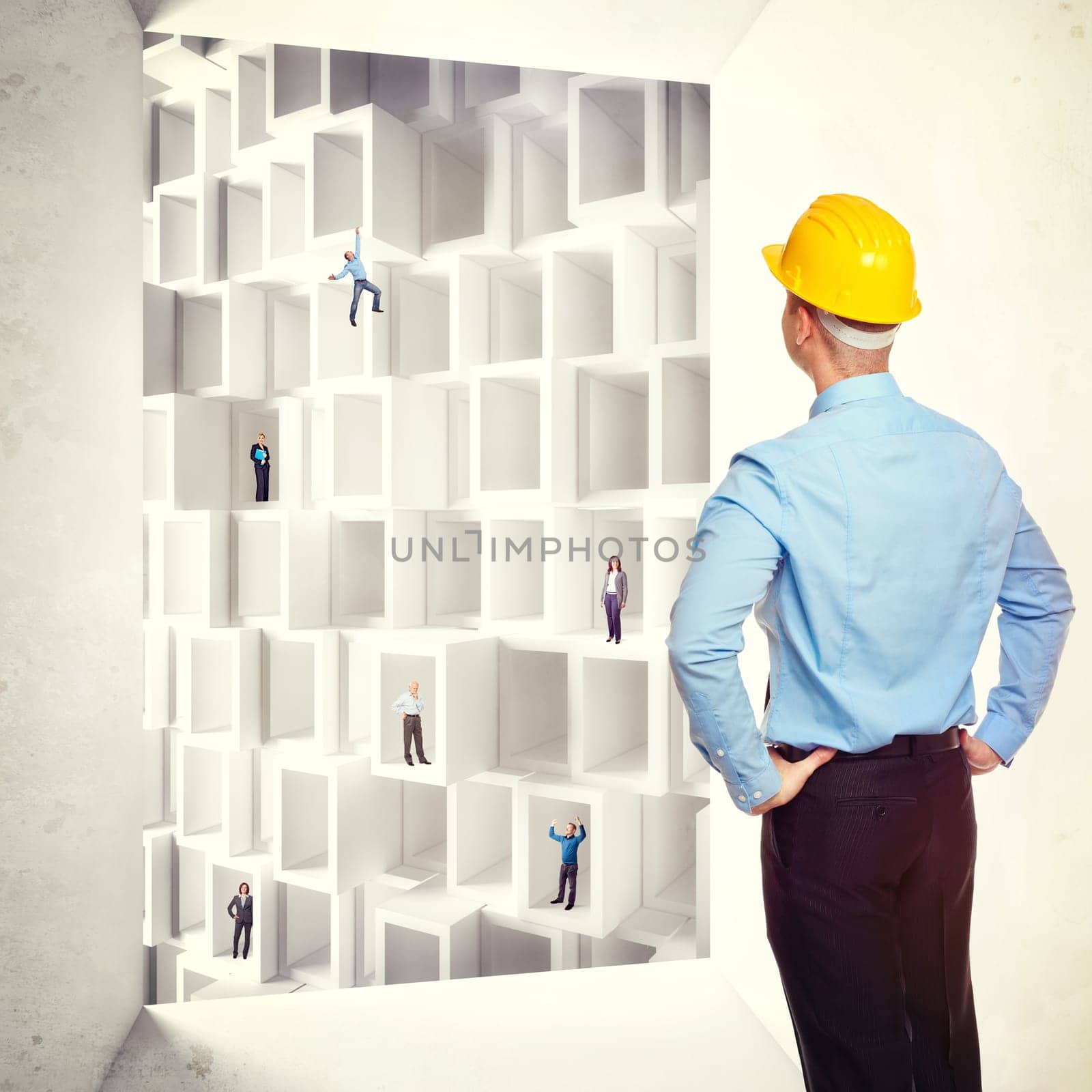 man look abstract building with lot of people