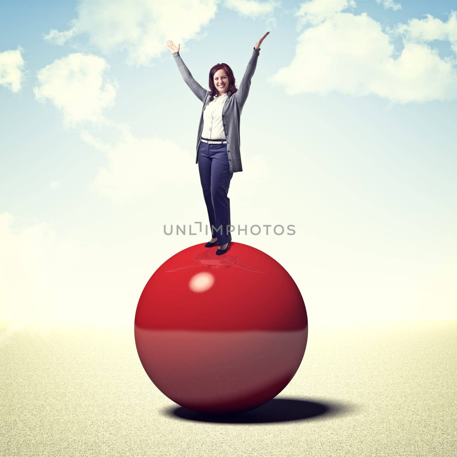 happy woman on 3d red ball