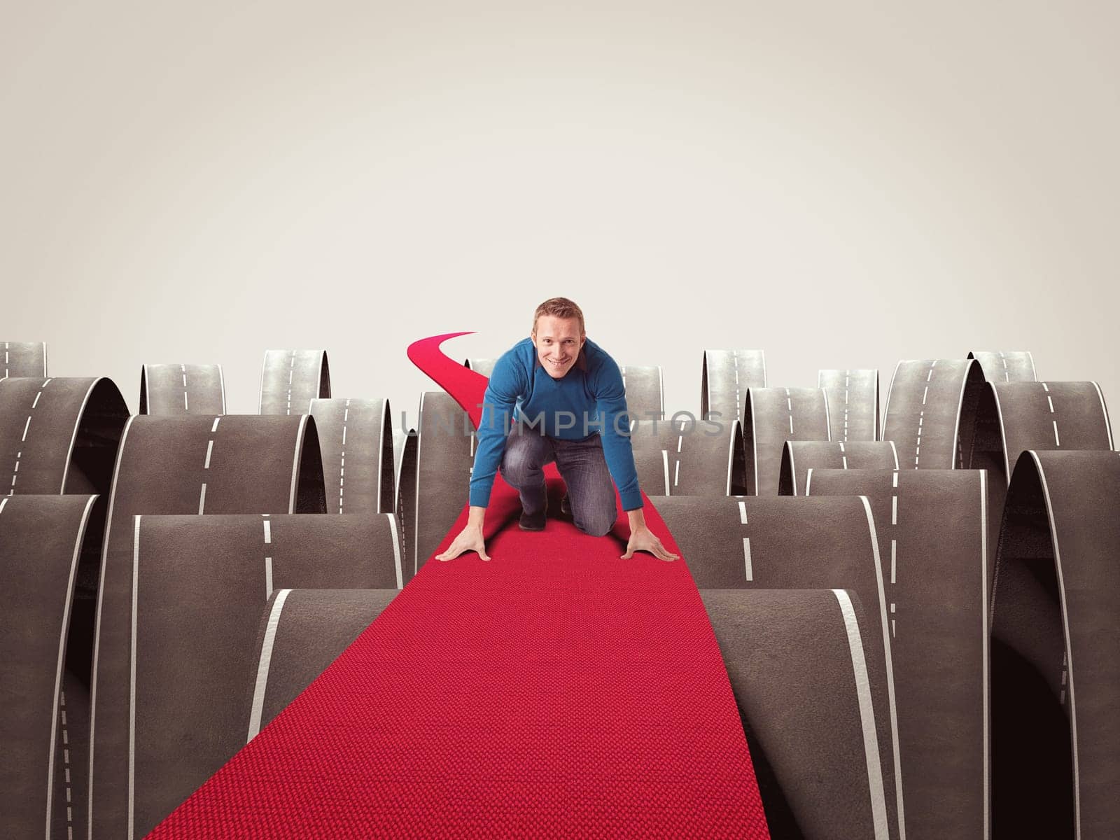 smiling man in start position on 3d abstract way
