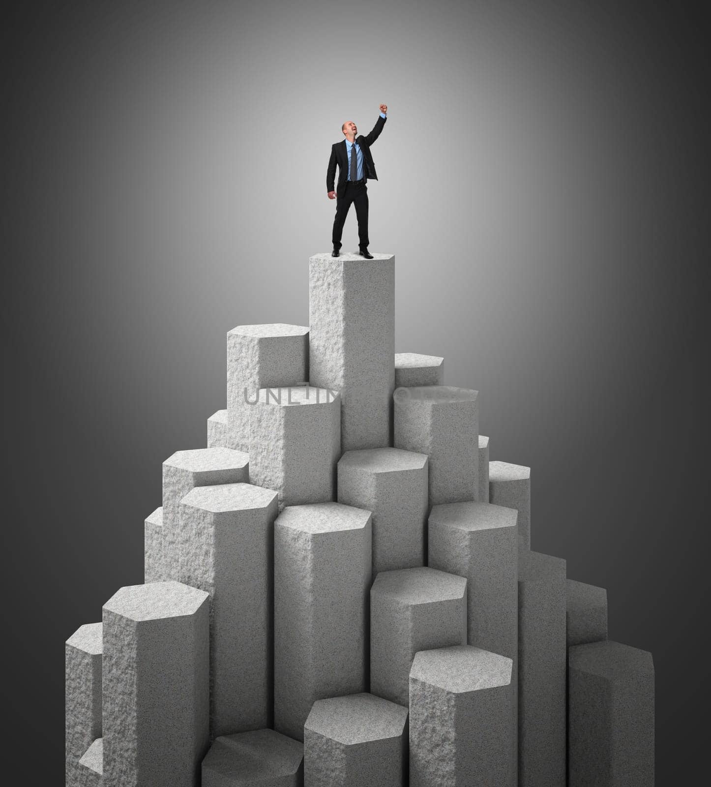 happy man on 3d abstract tower