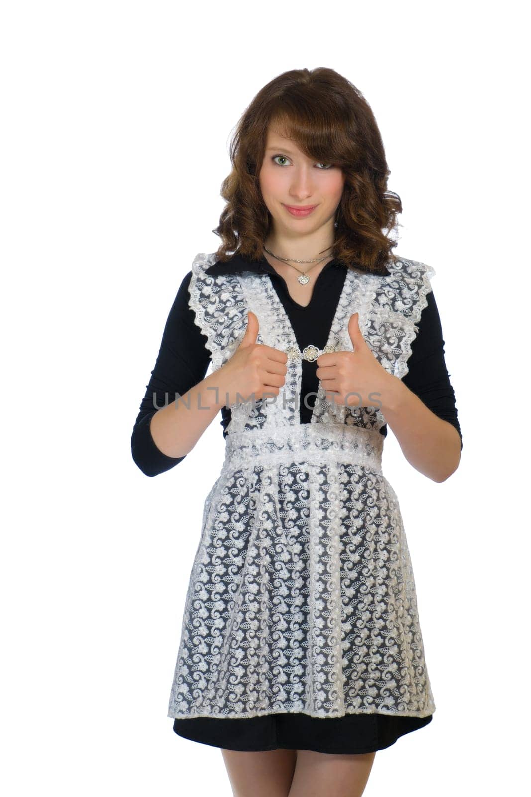 girl in school uniform shows his hand ok