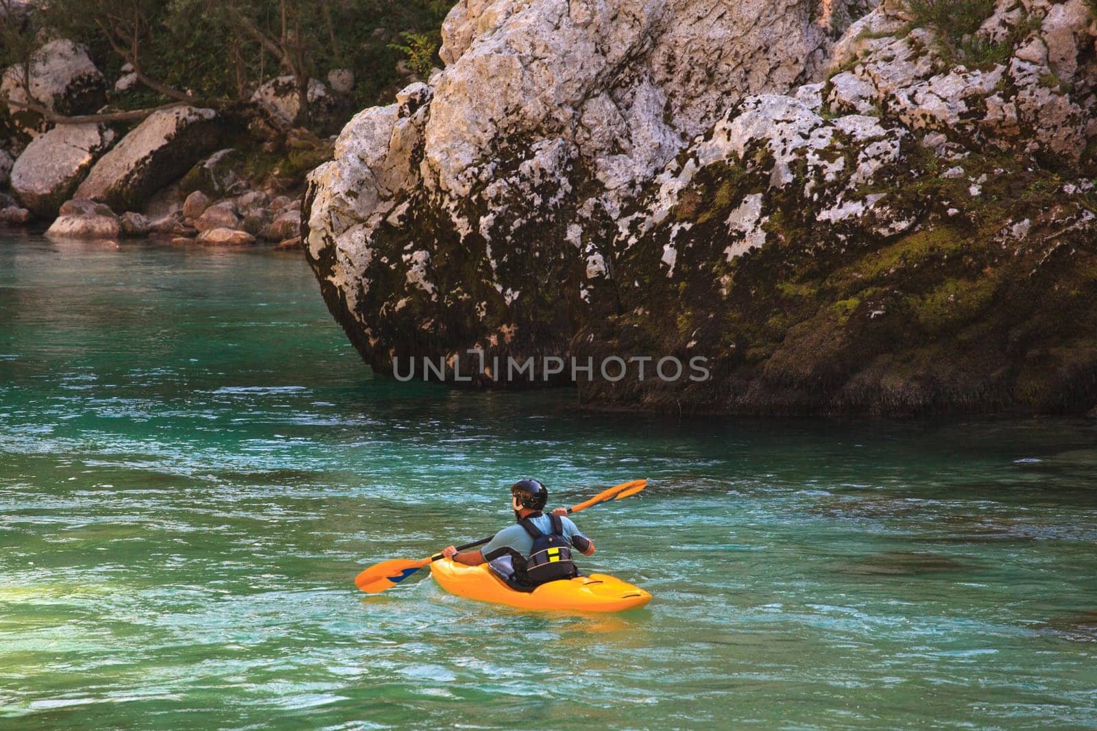 Kayaking in the summer on the Soca river, Slovenia