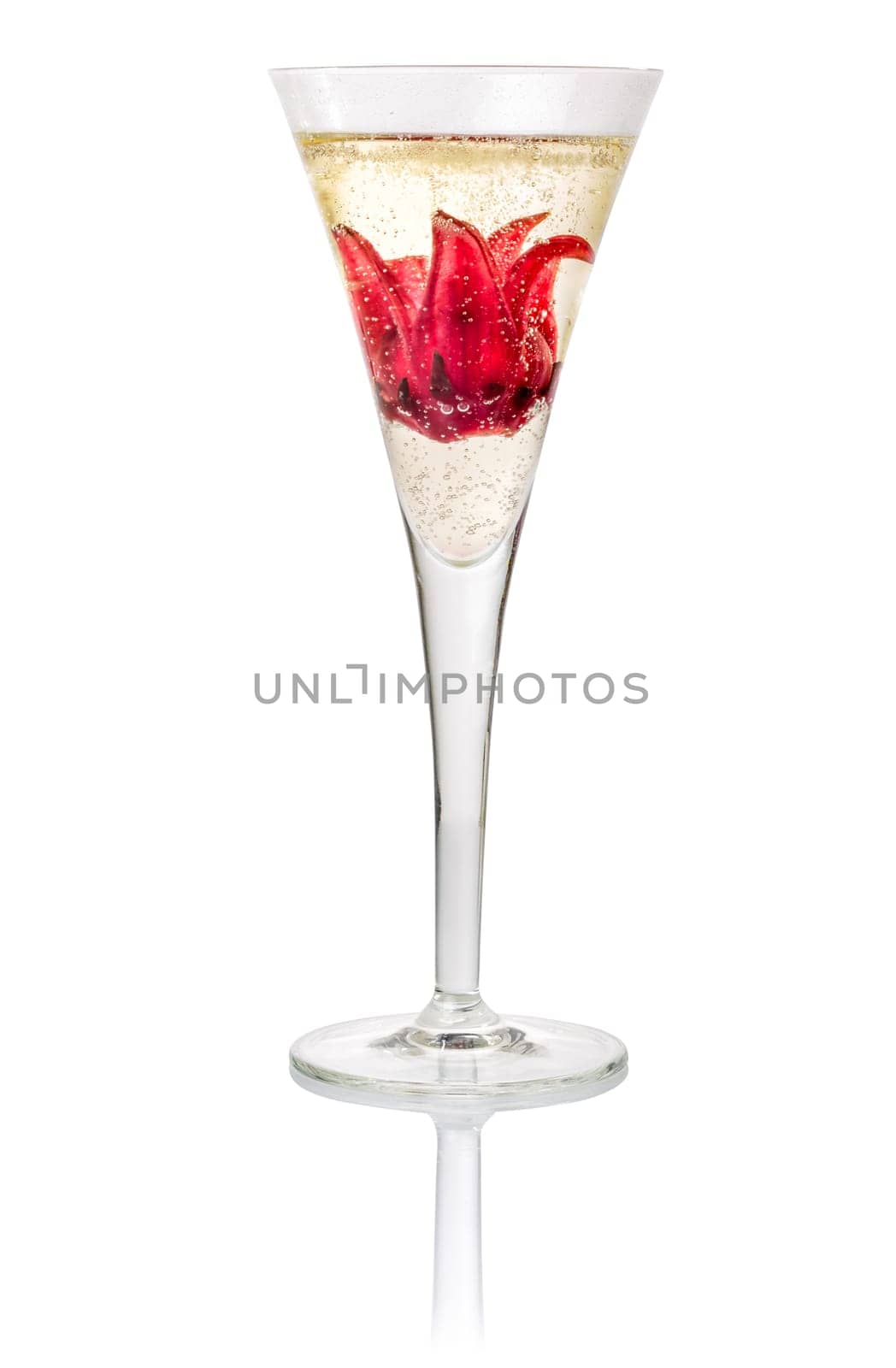 Sparkling wine cocktail with hibiscus blossom