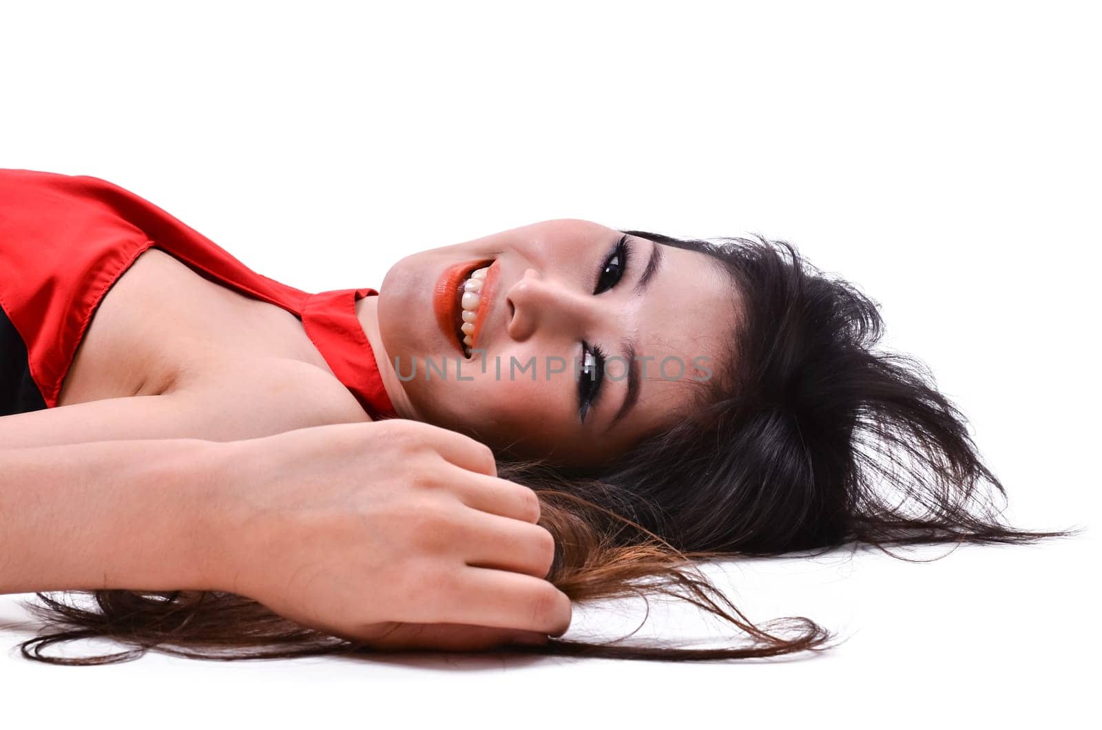 Portrait of a happy woman on a white background