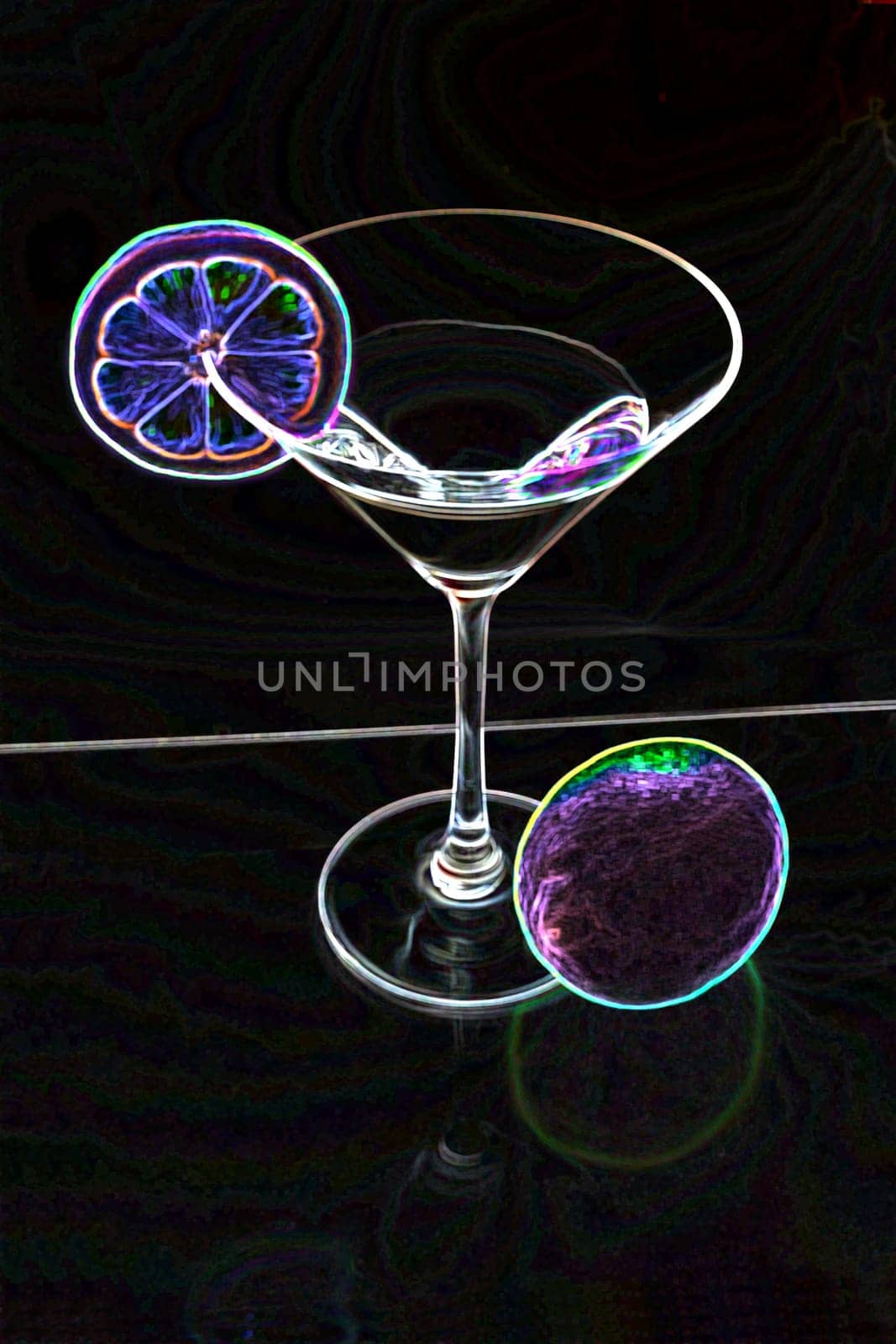 Martini glass with lemon slice and lemon from above in neon glow
