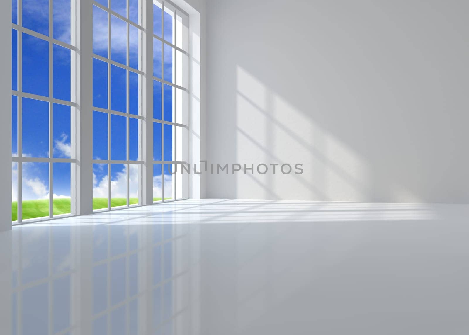 Large window room illuminated by sunlight