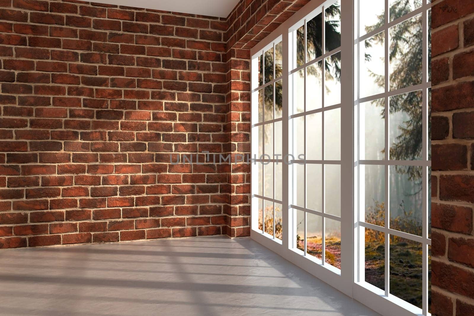 Brick room with large window in a forest