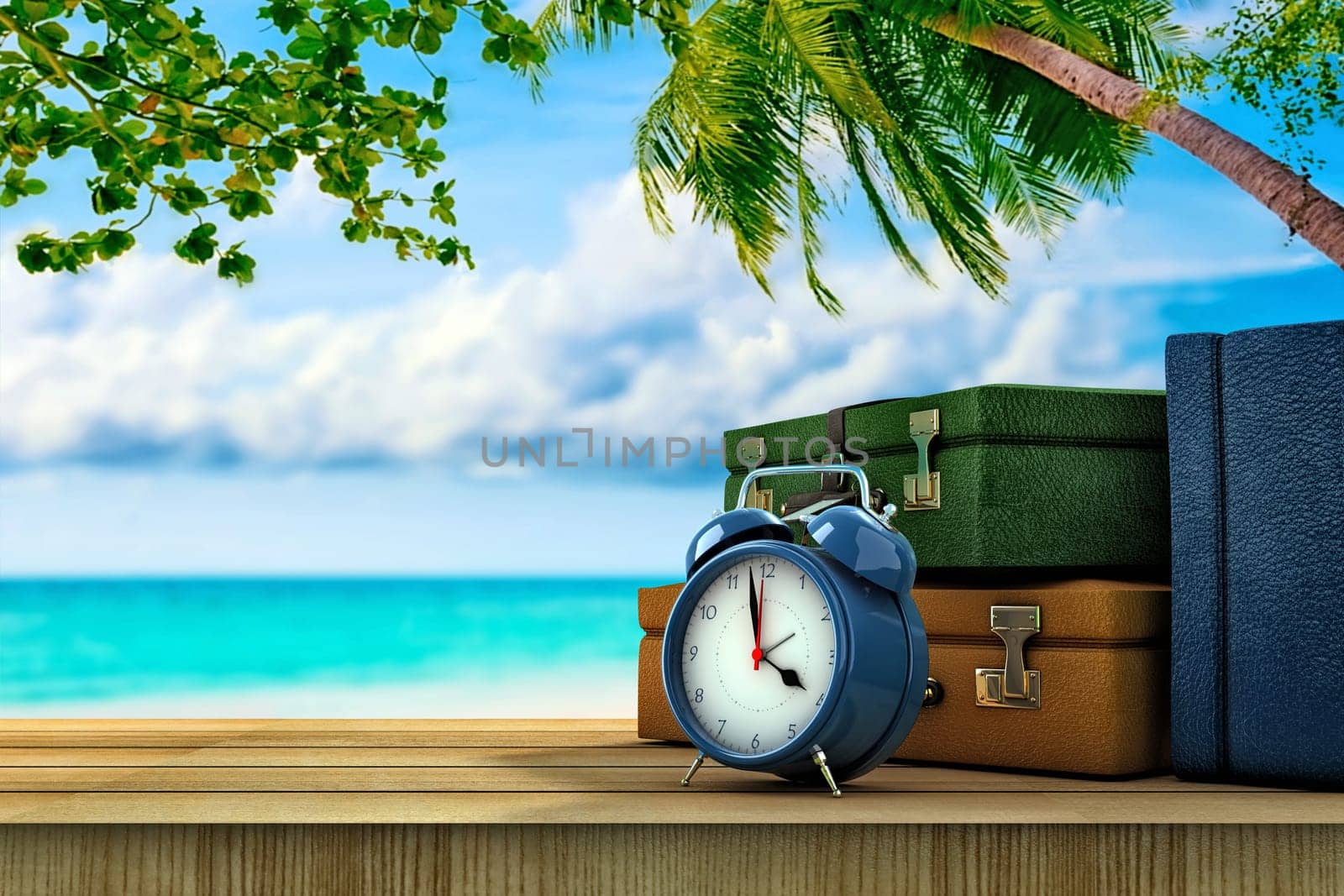 Three suitcases and a clock on a paradisical location