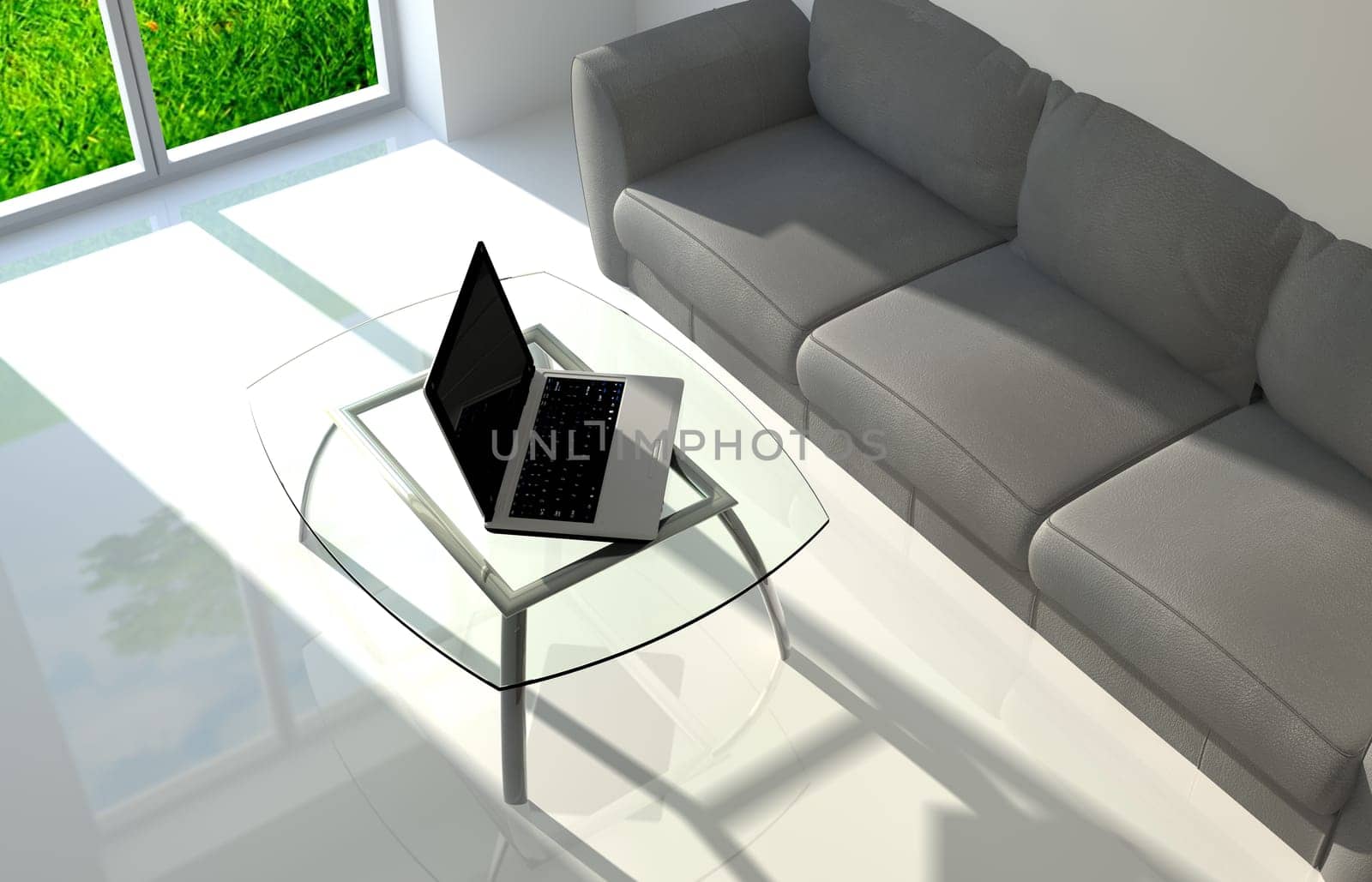 Notebook on a glass table near window and sunlight illuminating the room