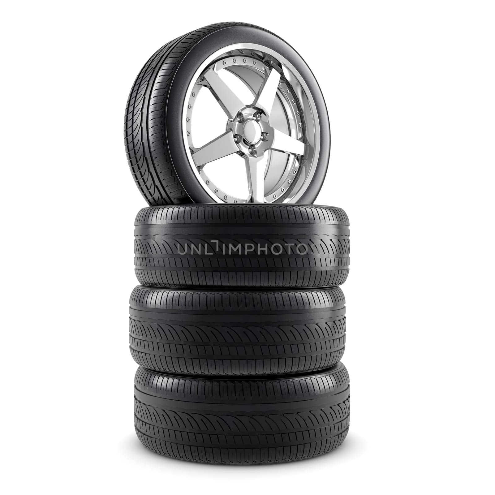 Wheels and tires on white background