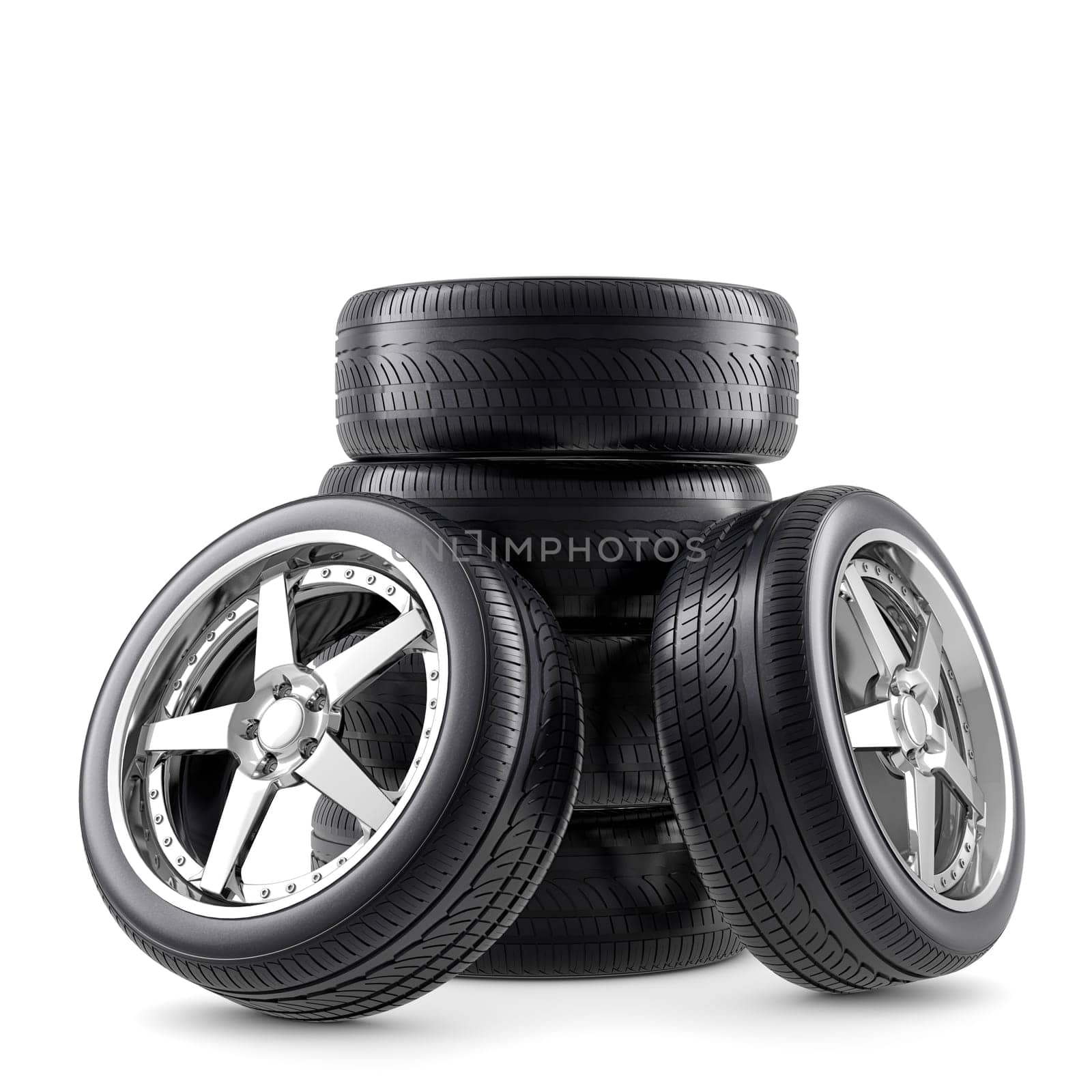 Wheels and tires on white background