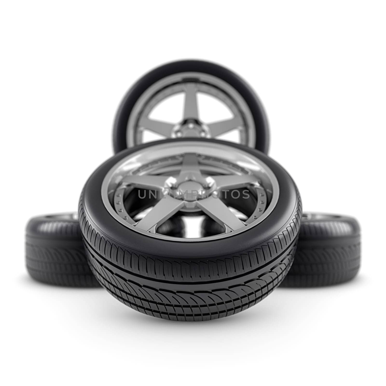 Wheels and tires on white background
