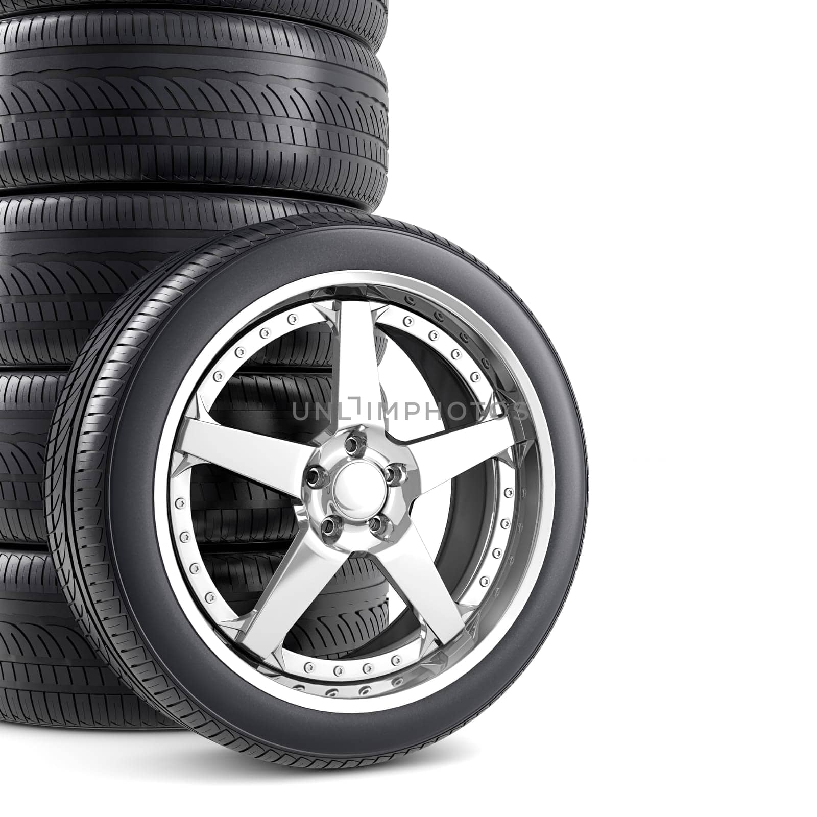 Wheels and tires on white background