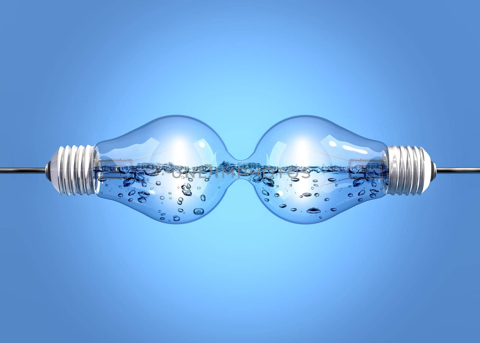 Two incandescent light bulbs filled with liquid and linked together