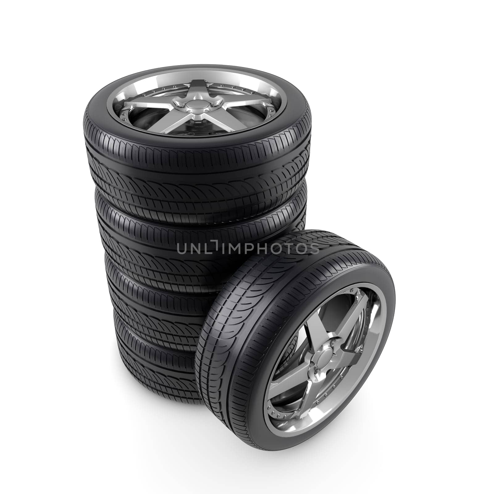 Wheels and tires on white background