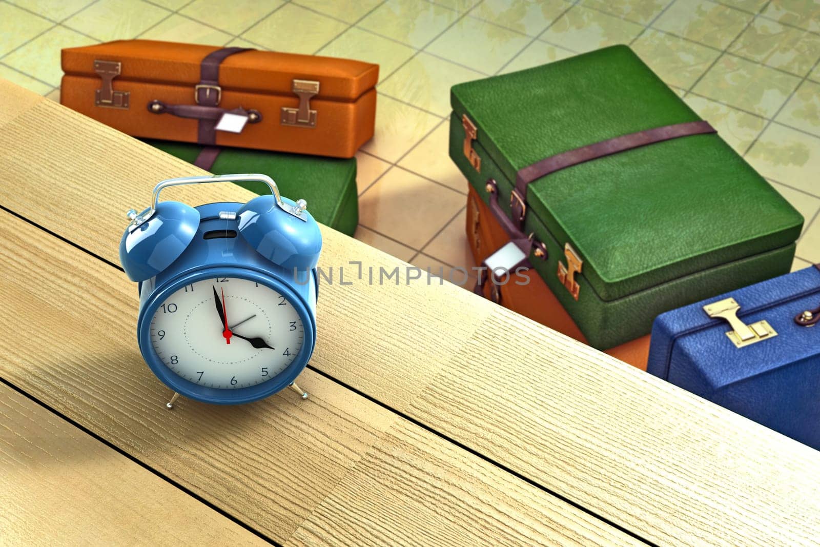 Alarm clock on a table with suitcases as background