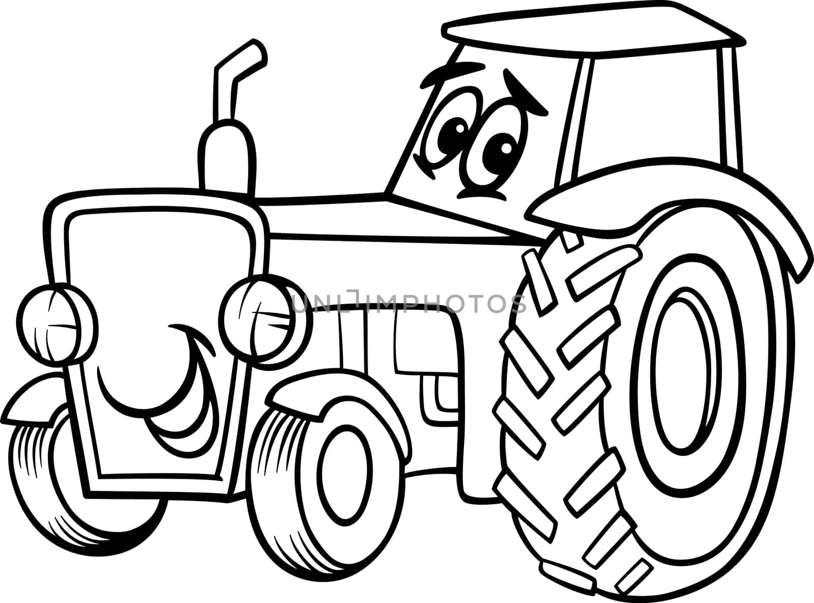 Black and White Cartoon Illustration of Funny Farm Tractor Vehicle Comic Mascot Character for Children to Coloring Book