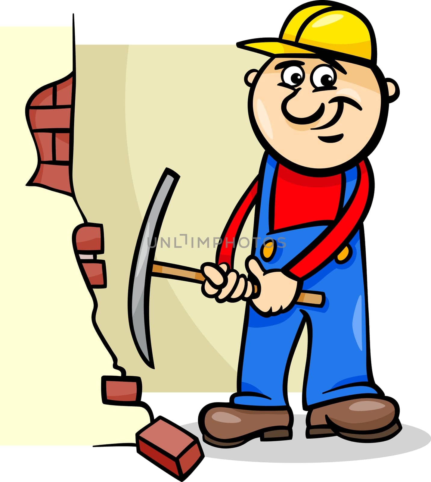 Cartoon Illustration of Man Worker or Workman Demolishing Brick Wall with a Pick Axe