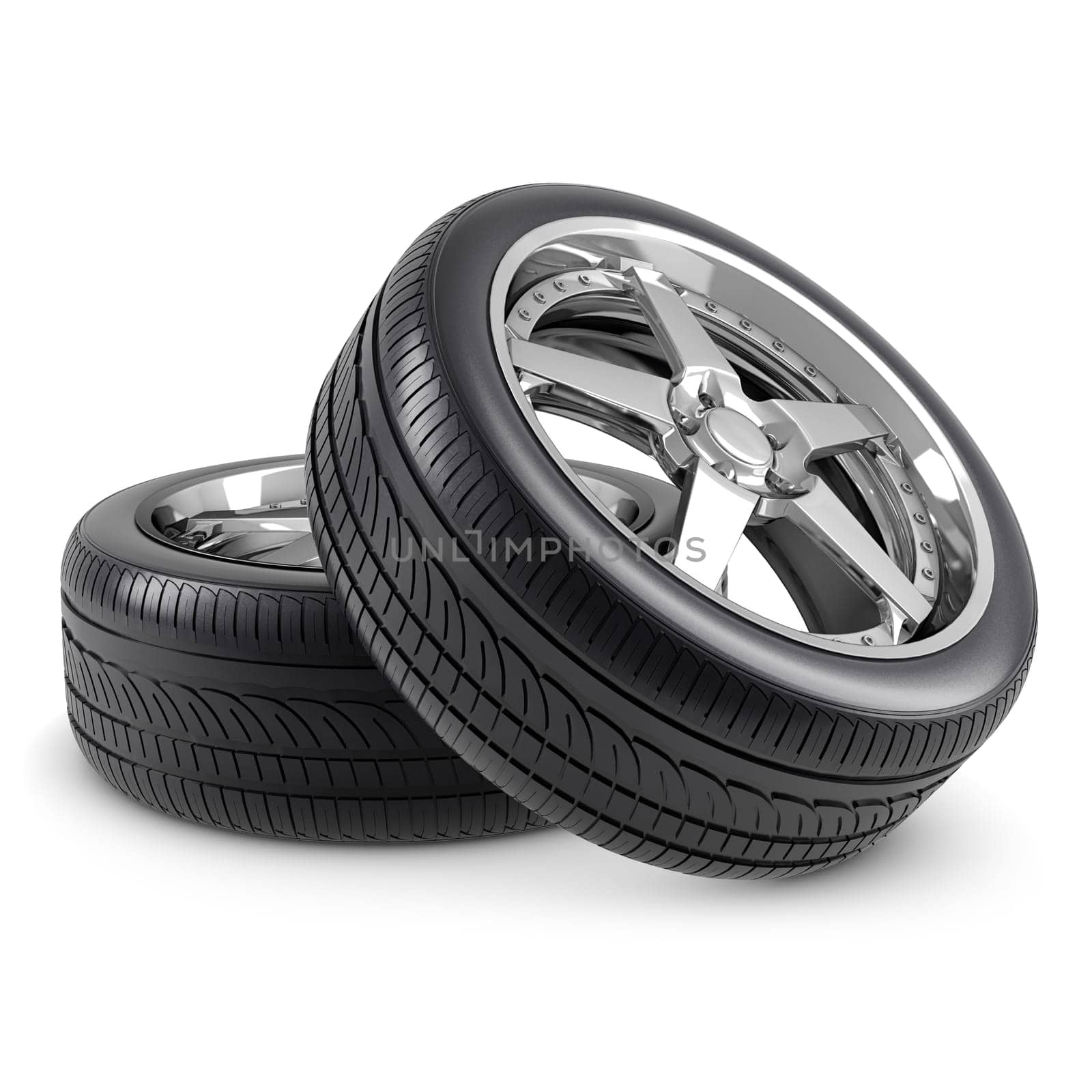 Wheels and tires on white background