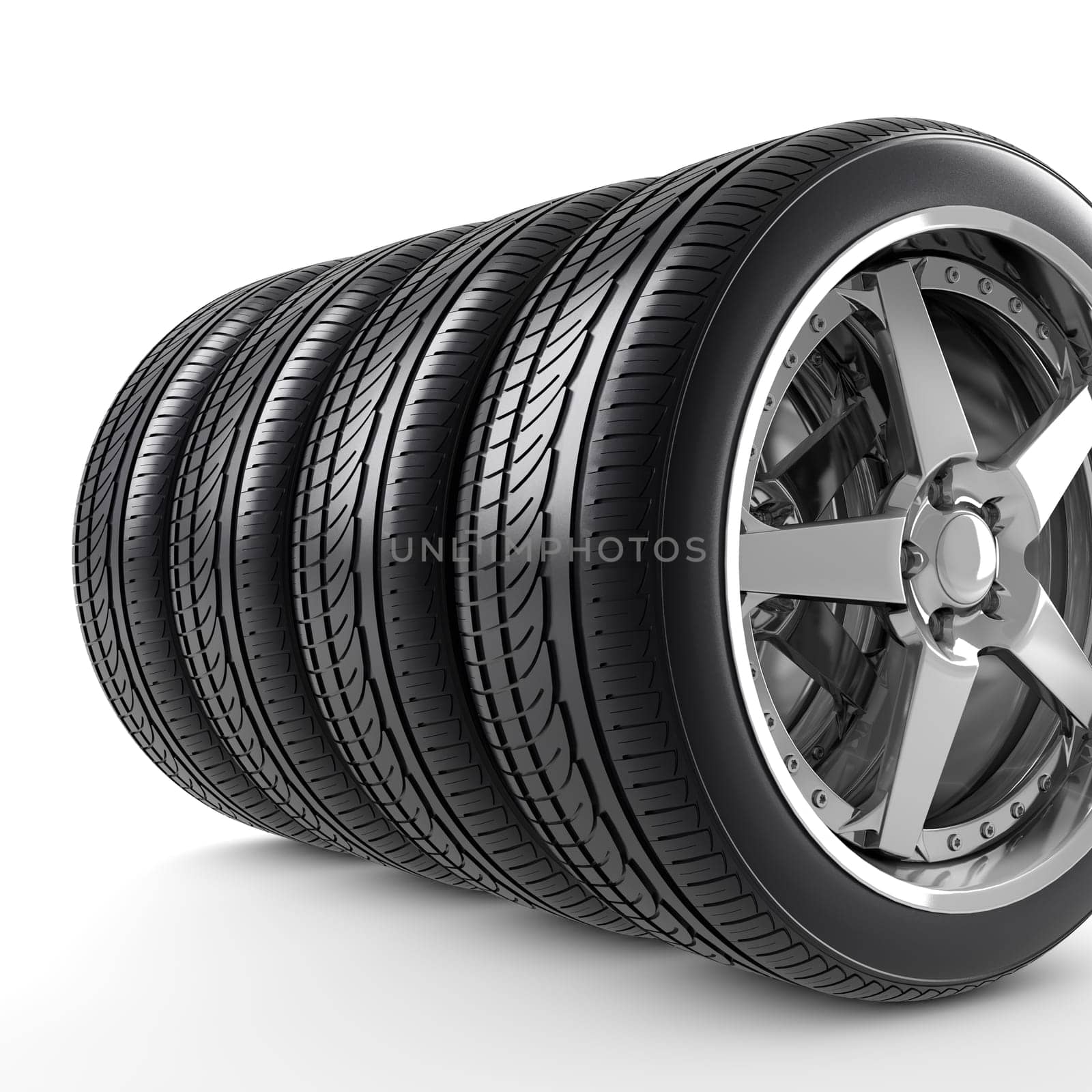 Wheels and tires on white background