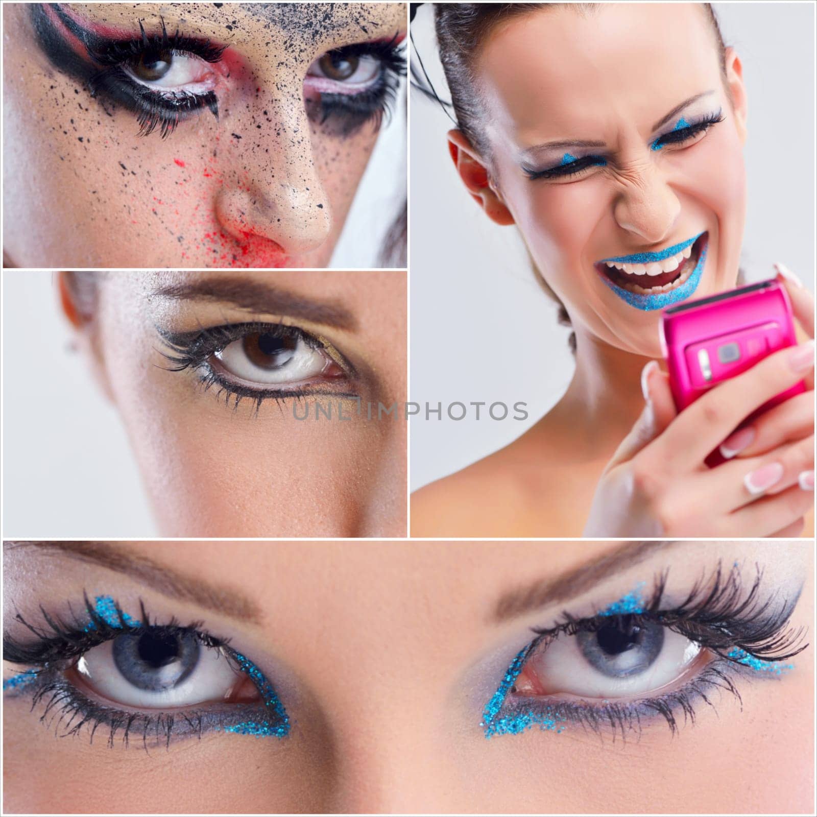 Fashion Beauty collage. Beautiful Woman With hairsyle  and Luxury Makeup isolated on white background in studio. Beautiful Girl Face