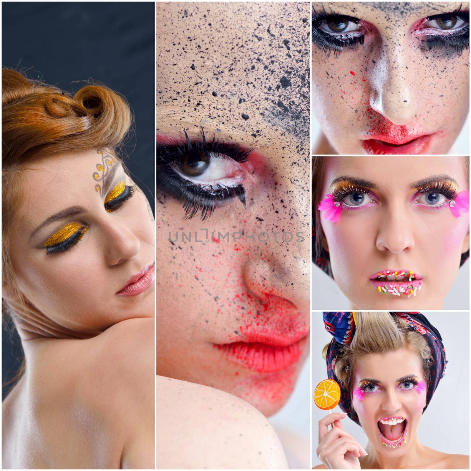 Fashion Beauty collage. Beautiful Woman With hairsyle  and Luxury Makeup isolated on white background in studio. Beautiful Girl Face