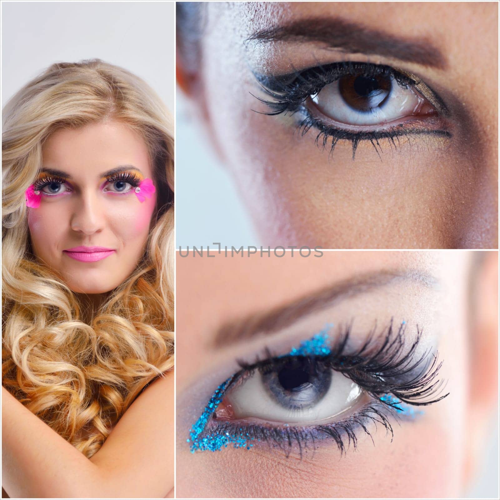 Fashion Beauty collage. Beautiful Woman With hairsyle  and Luxury Makeup isolated on white background in studio. Beautiful Girl Face