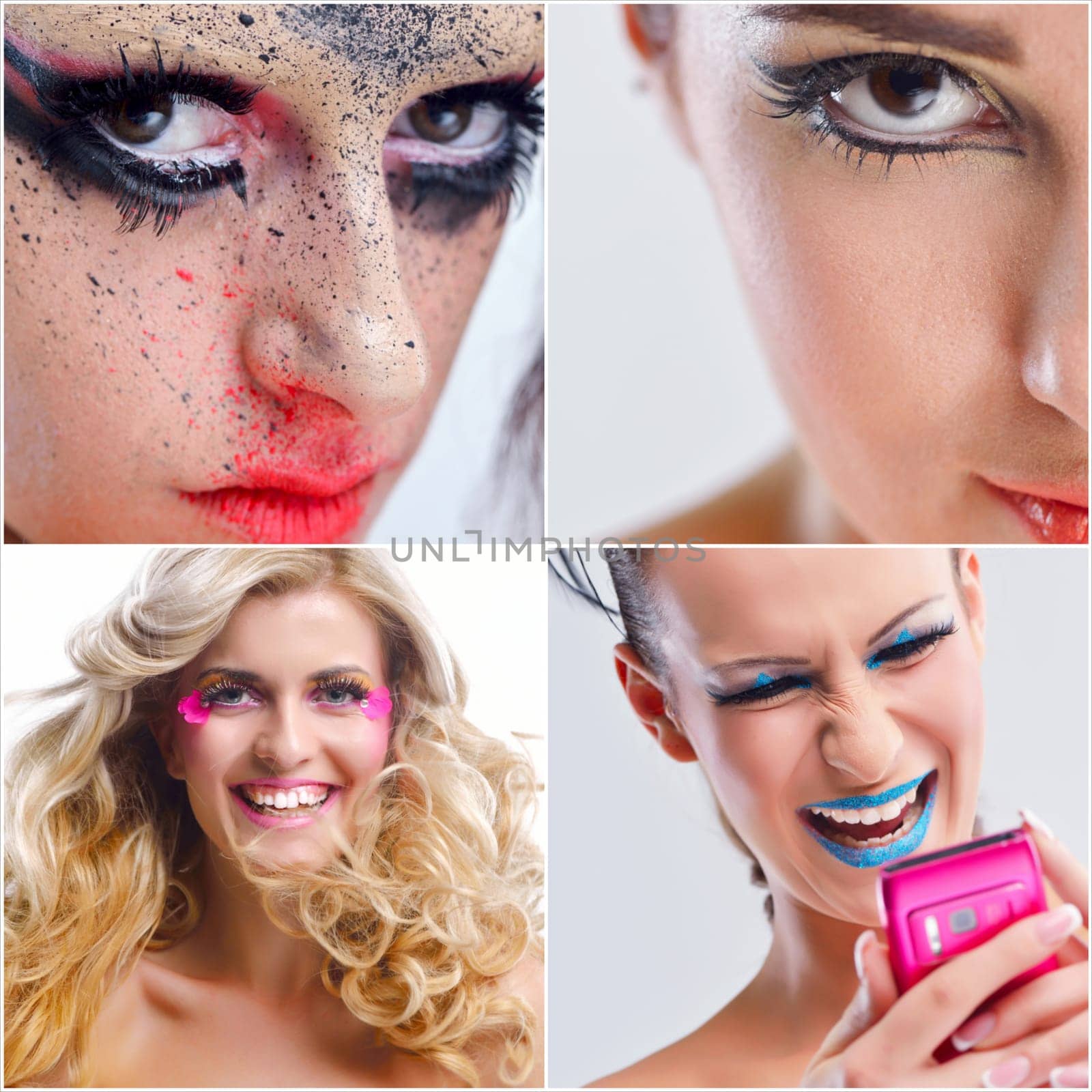 Fashion Beauty collage. Beautiful Woman With hairsyle  and Luxury Makeup isolated on white background in studio. Beautiful Girl Face