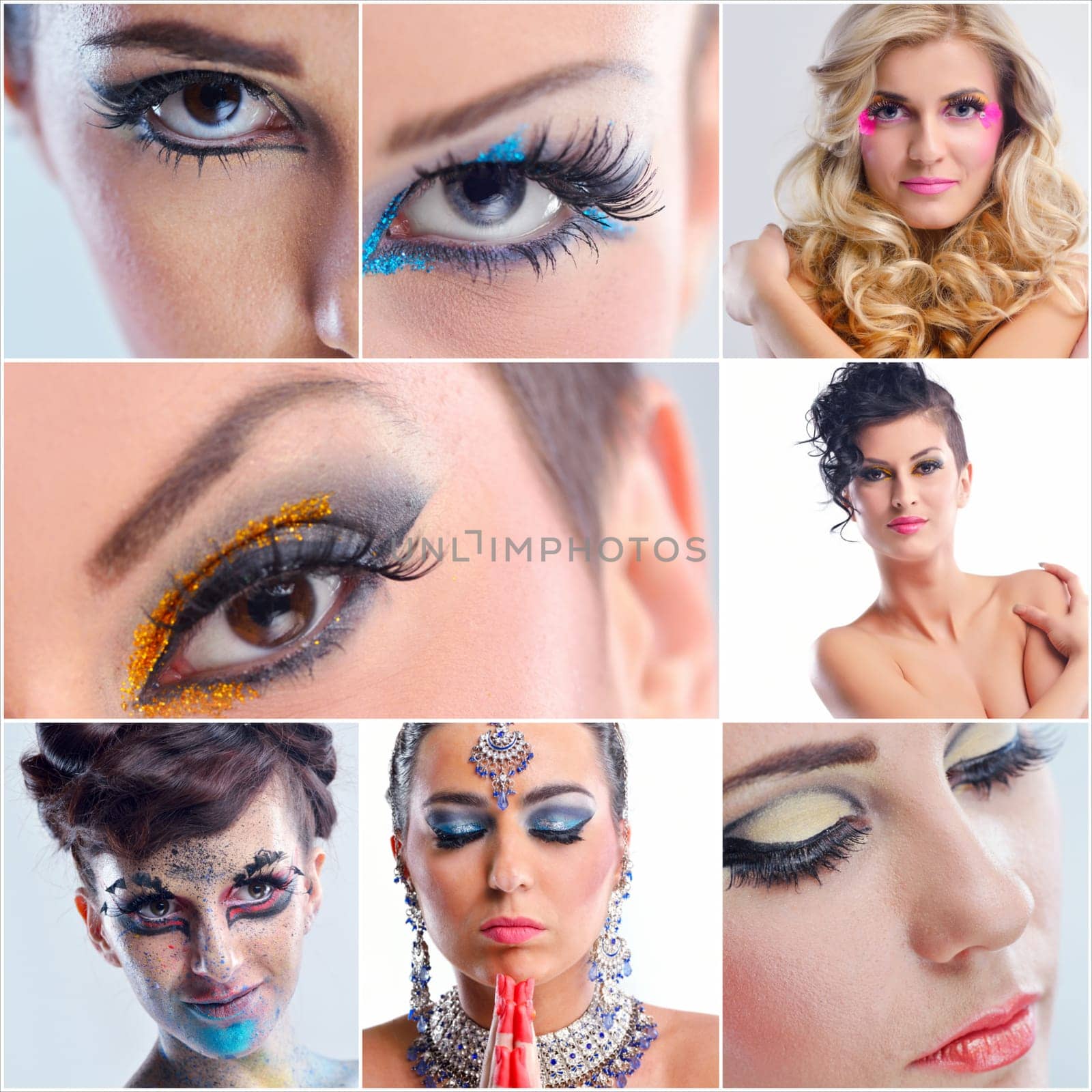 Fashion Beauty collage. Beautiful Woman With hairsyle  and Luxury Makeup isolated on white background in studio. Beautiful Girl Face