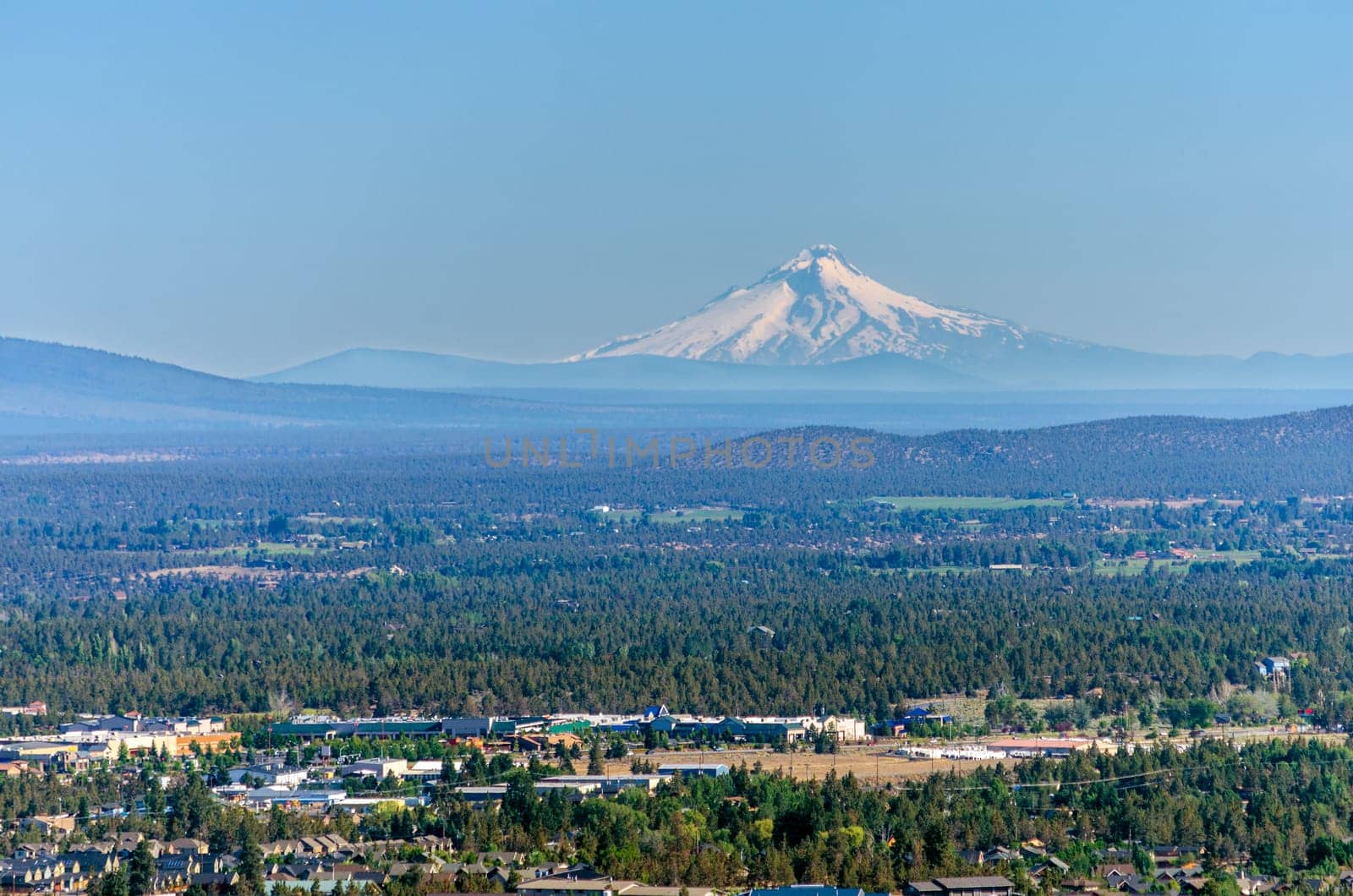 View of Mt. Hood and the city of Bend in Central Oregon