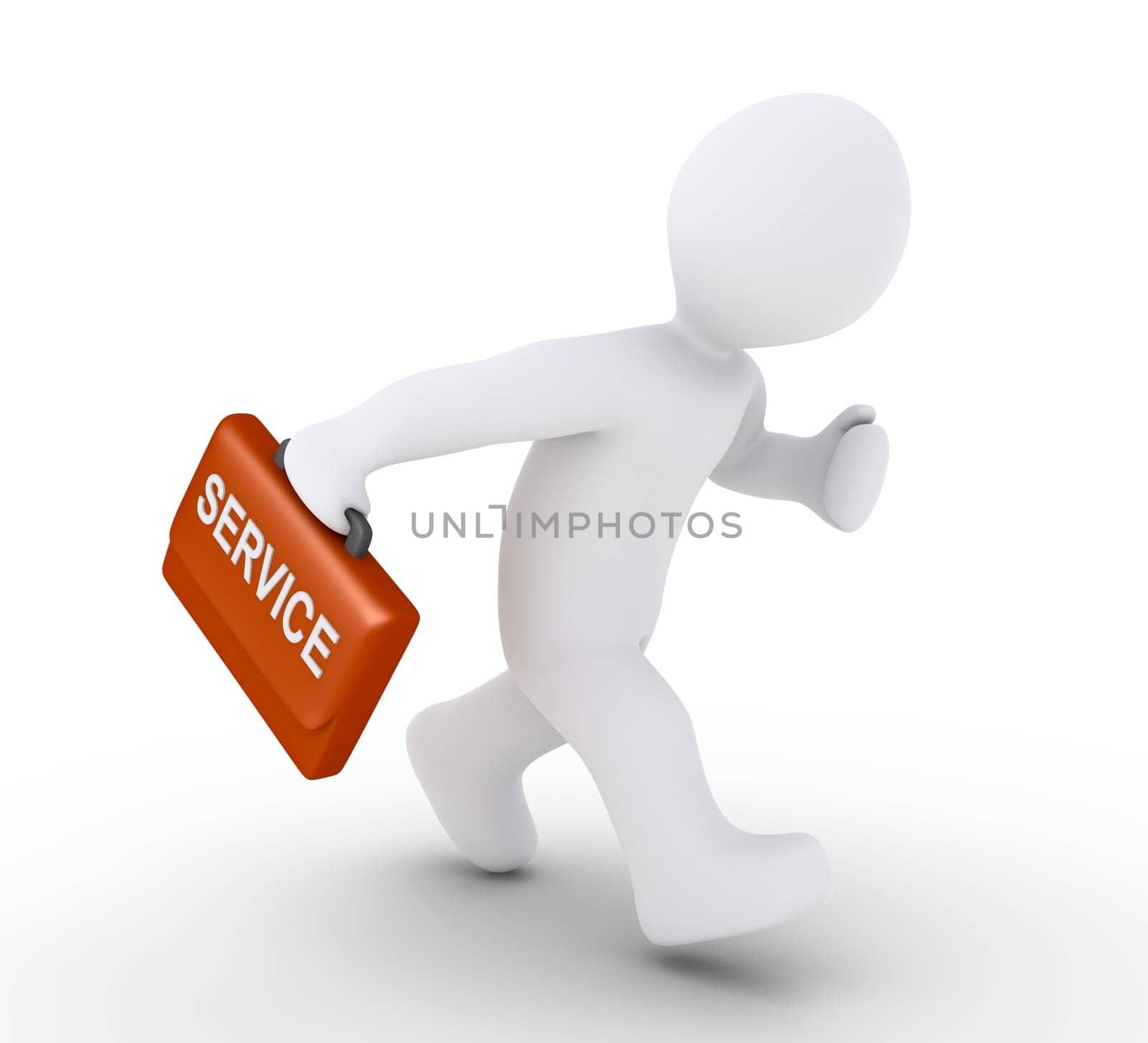 3d person holding a suitcase with SERVICE written on it, is running