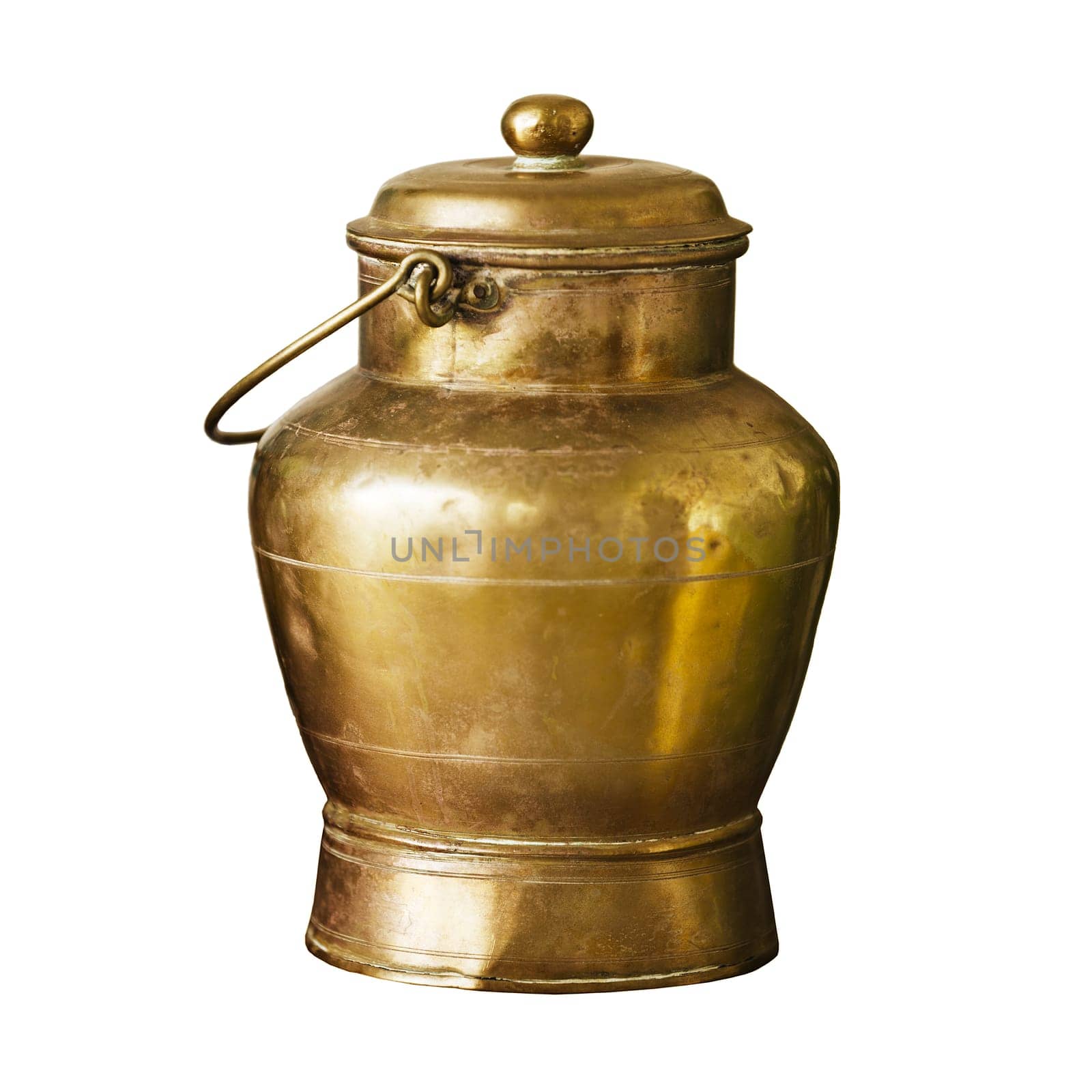 Ancient bronze can with handle isolated on white background