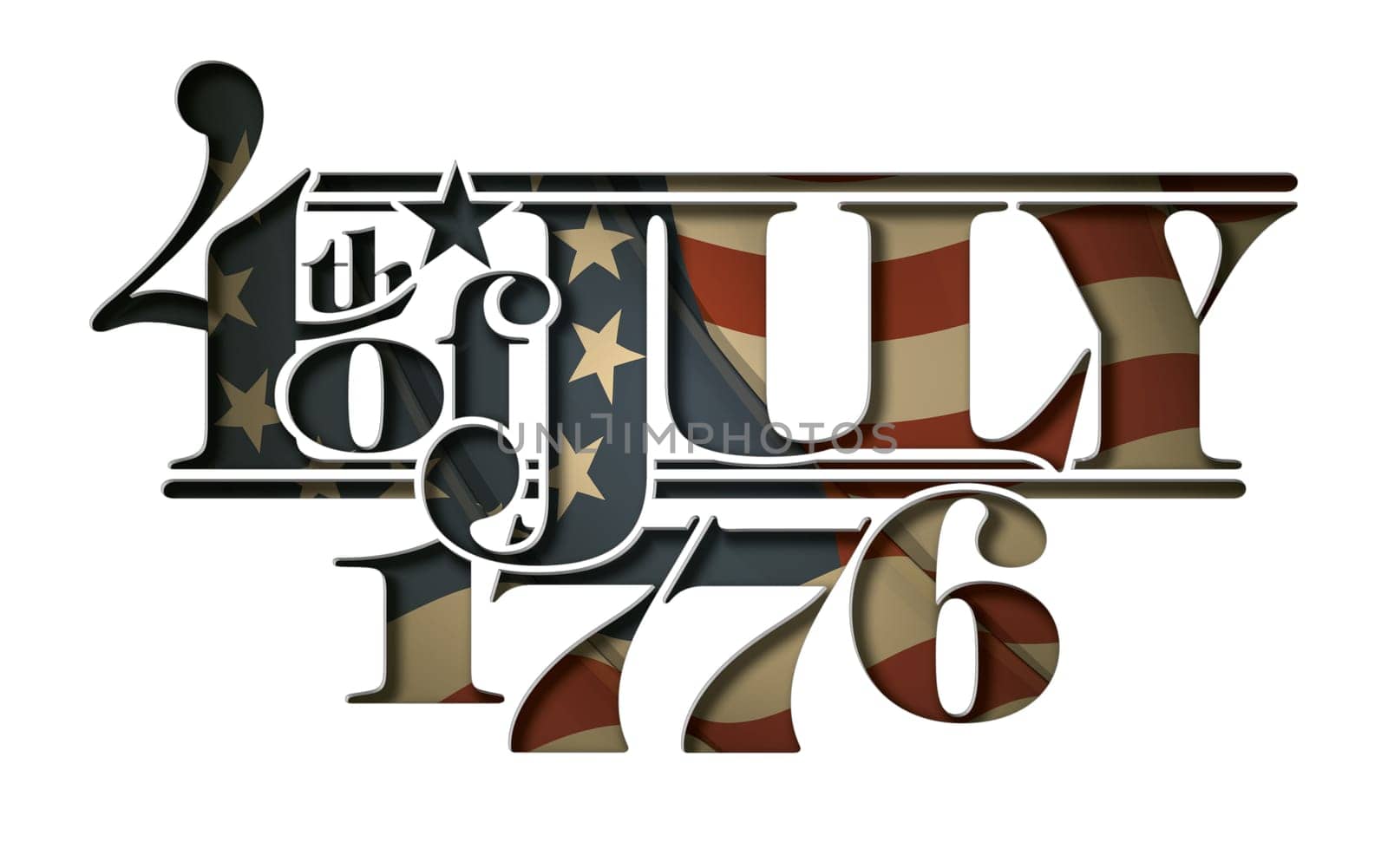 Typographic art cut-out with a waving Betsy Ross American flag underneath. The Settle thickness on the cut-out border follows the inner shadow's light source.