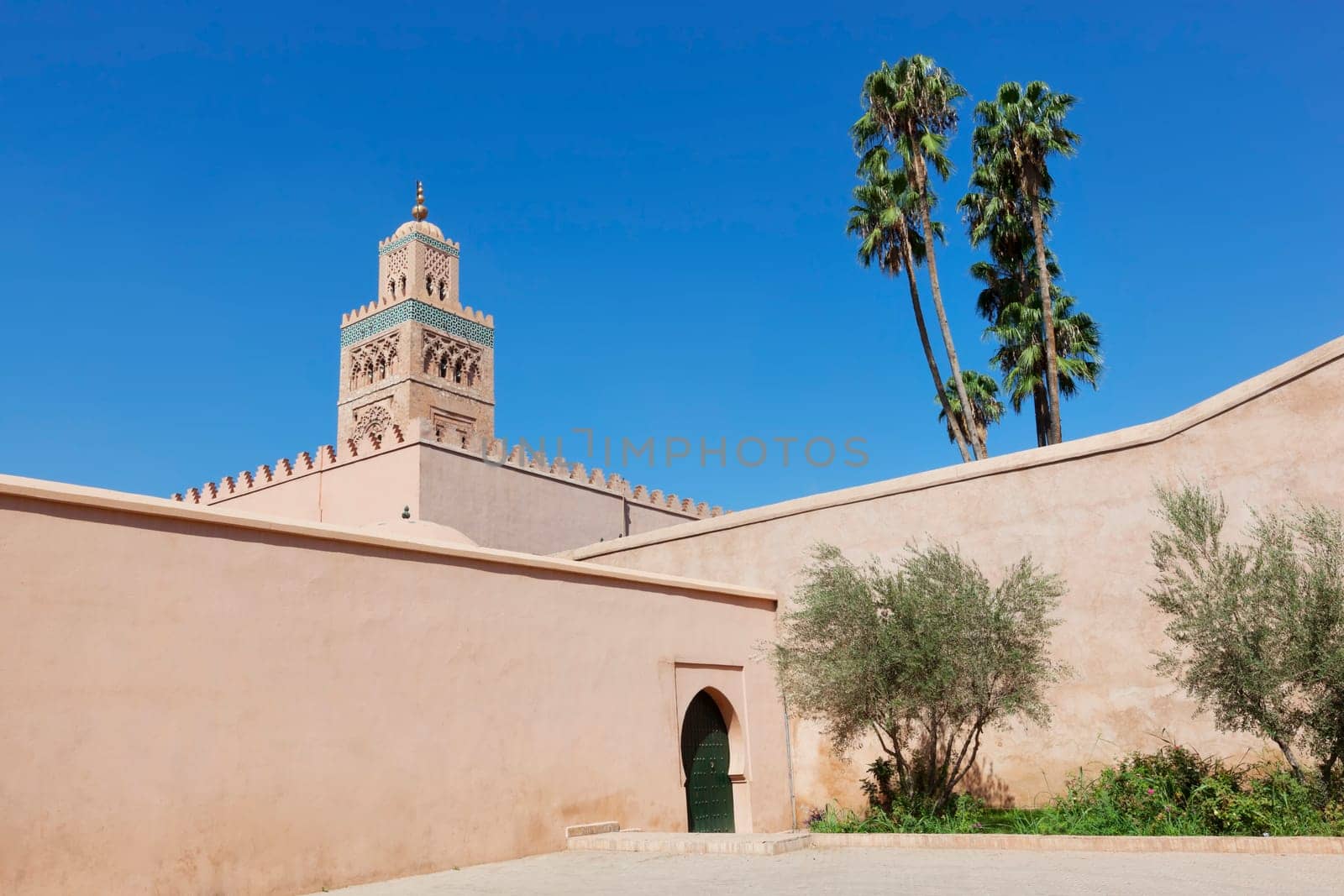 Koutoubia mosque against clear blue sky, Marrakesh.