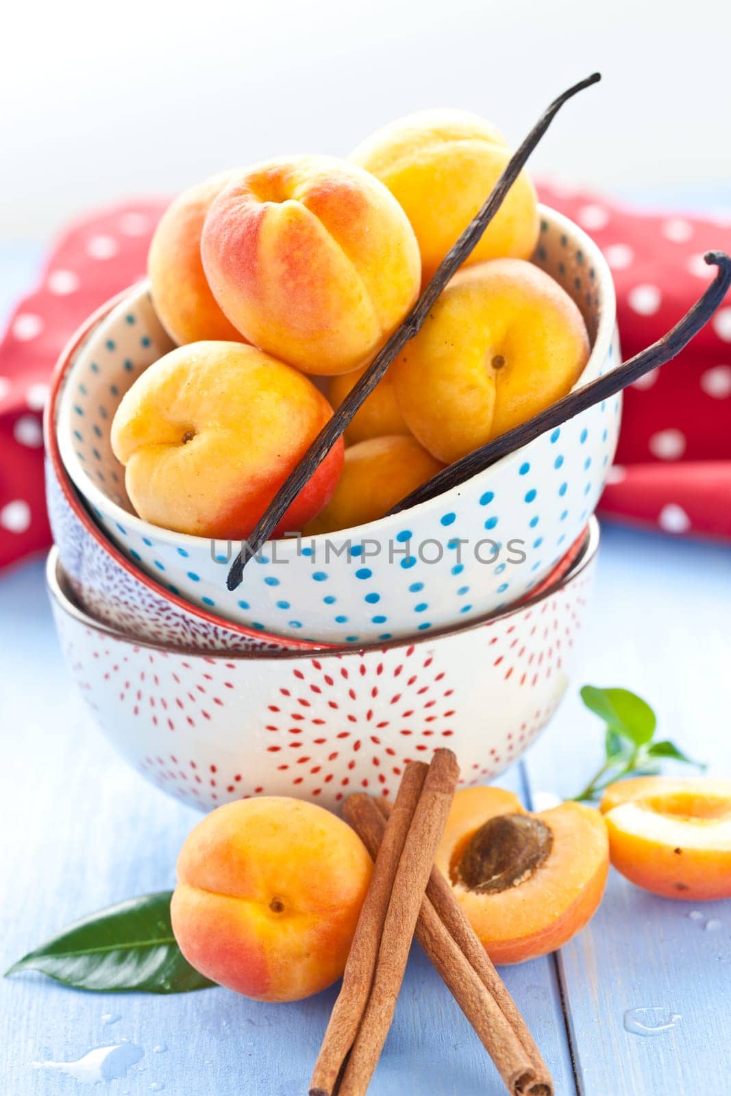 Fresh ripe apricots in a dotted Schuessel with cinnamon and vanilla