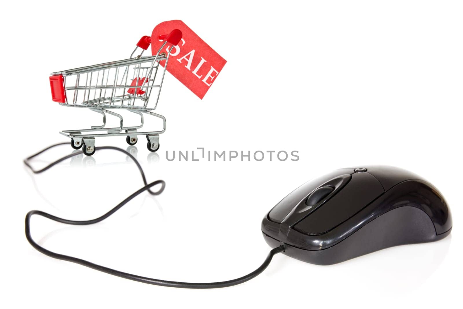Internet sales concept. Computer mouse connected to the shopping cart.