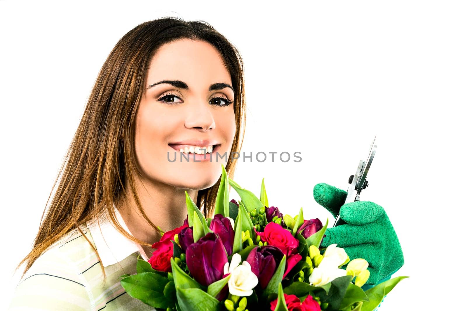 Gardening. Woman worker with flowers. Isolated over white background