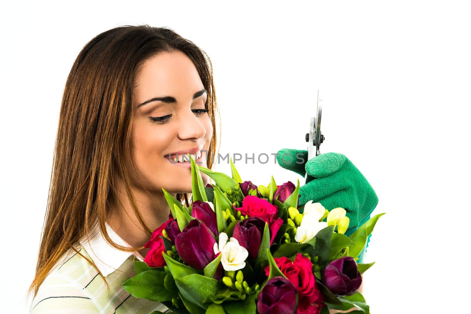 Gardening. Woman worker with flowers. Isolated over white background