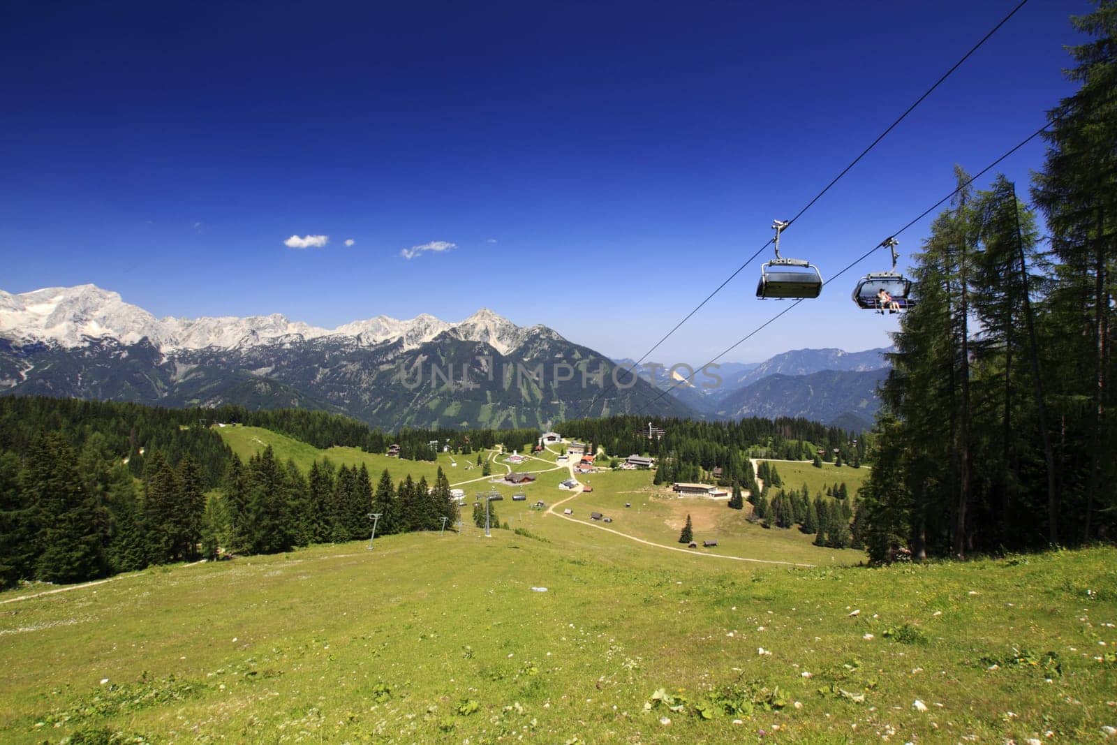 Austria large panorama of the mountains with wagons
