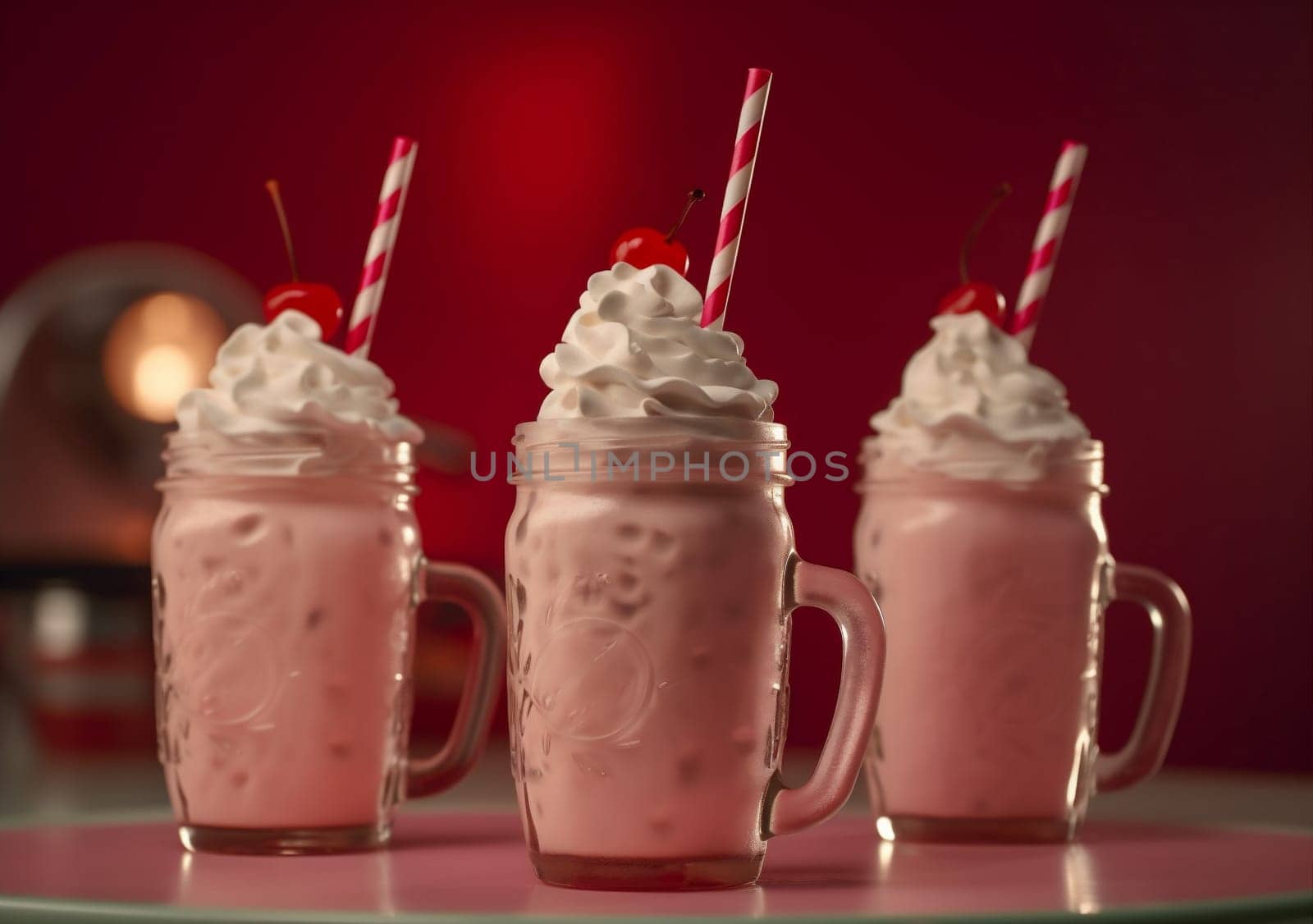 sweet mixed party juice cream colourful drink american milkshake beverage cafe cocktail trendy ice breakfast illustration pink delicious glass retro. Generative AI.