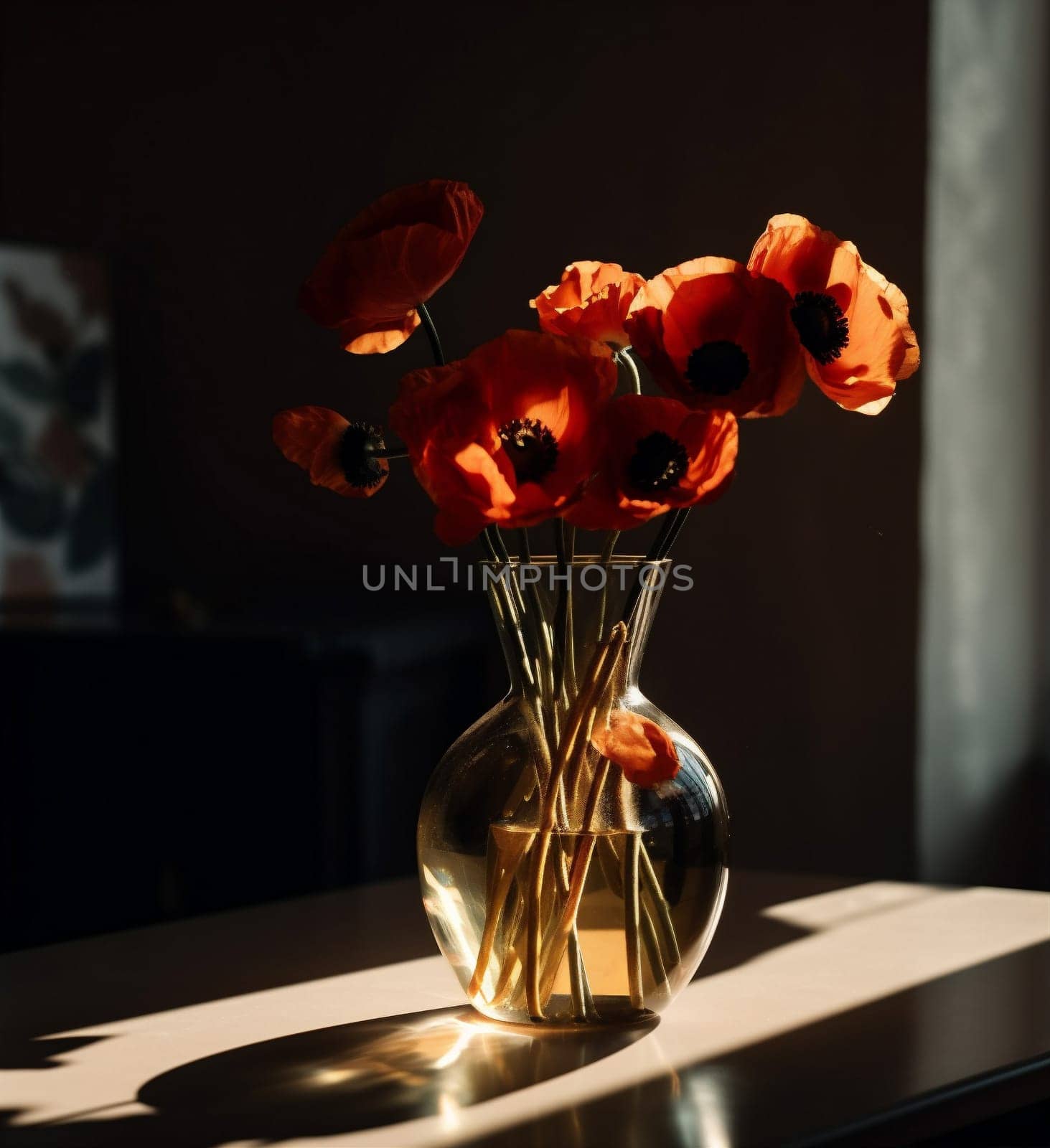 bouquet leaf decoration red sunshine soft beautiful room flower space vase holiday table house retro light floral glass bloom poppy background. Generative AI.