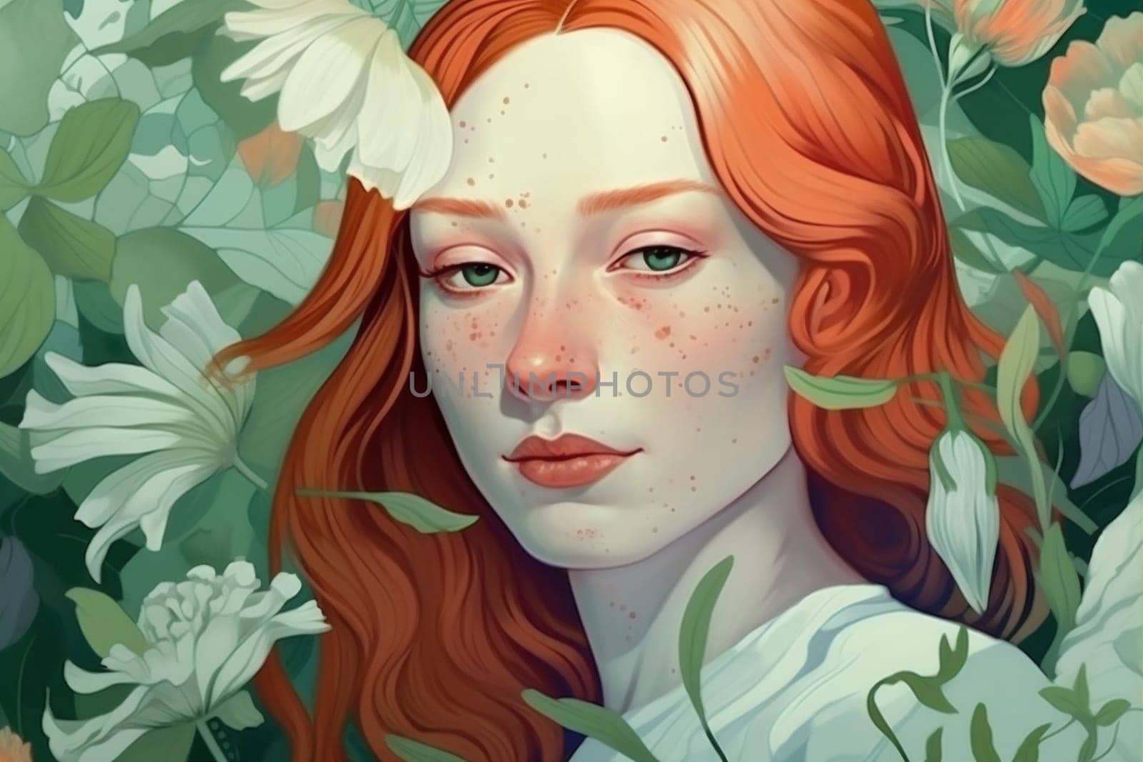 face woman tender romantic creative background valentine feminine flower pretty nature vintage colourful hair portrait girl beauty pastel fashionable beautiful trend. Generative AI.