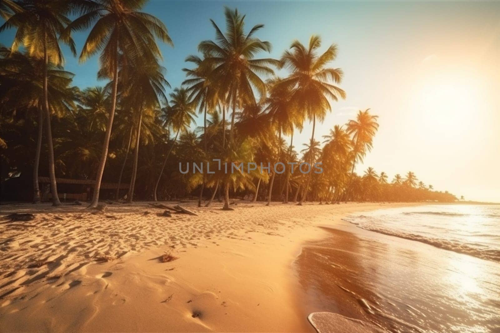 sky beach palm landscape sunset sun sea island ocean sunrise. Generative AI. by Vichizh