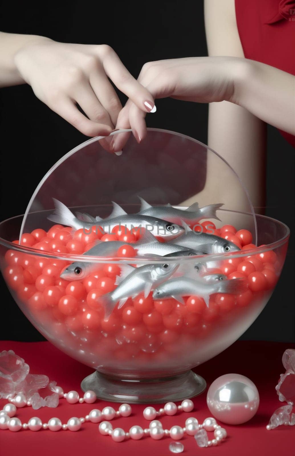 of woman vintage color fish hand make-up person pretty mermaid pearl art food holding model salmon pearl water fashion girl retro mother eating. Generative AI.