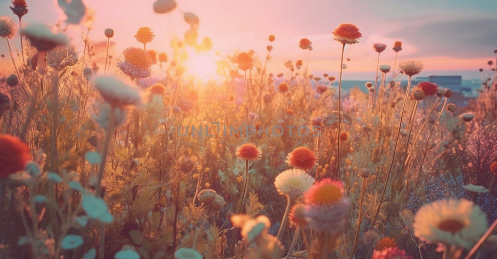 season blooming sunset beautiful background pretty vintage field pink colorful plant violet flora floral countryside meadow flower nature sunny autumn spring. Generative AI.