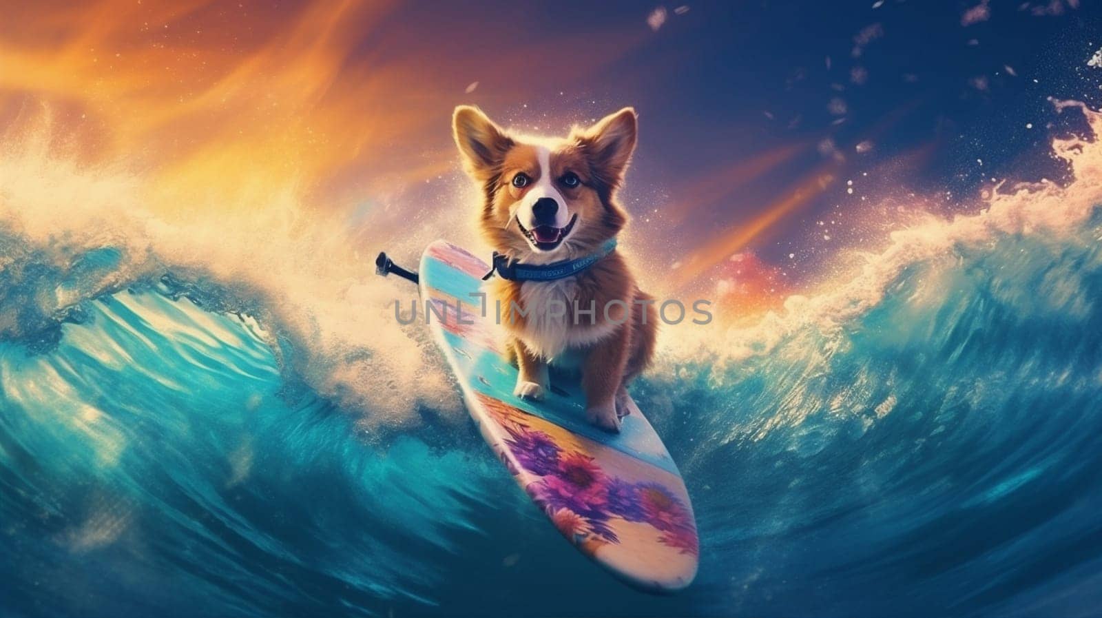 dog beach funny sport vacation puppy fun ocean sea wave joke water holiday summer hawaii surfboard animal vintage tropical surfer. Generative AI.