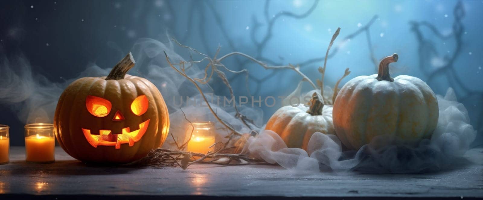 mystery background evil pumpkin night halloween horror fear blue table gothic. Generative AI. by Vichizh