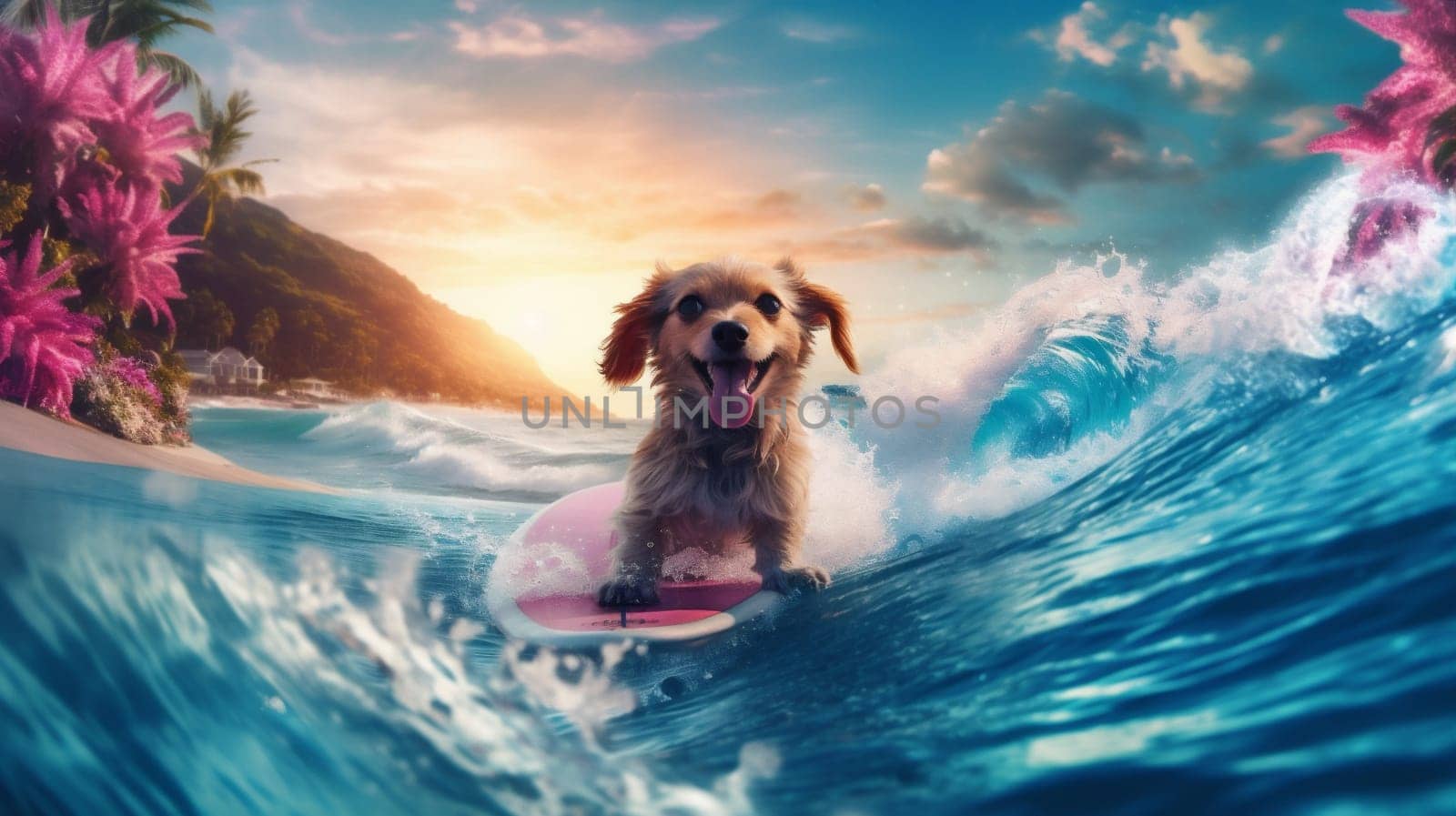 dog pet power puppy surfboard surfer animal beach tropical funny sun wave fun labrador summer hawaii humor hawaiian ocean vacation. Generative AI.