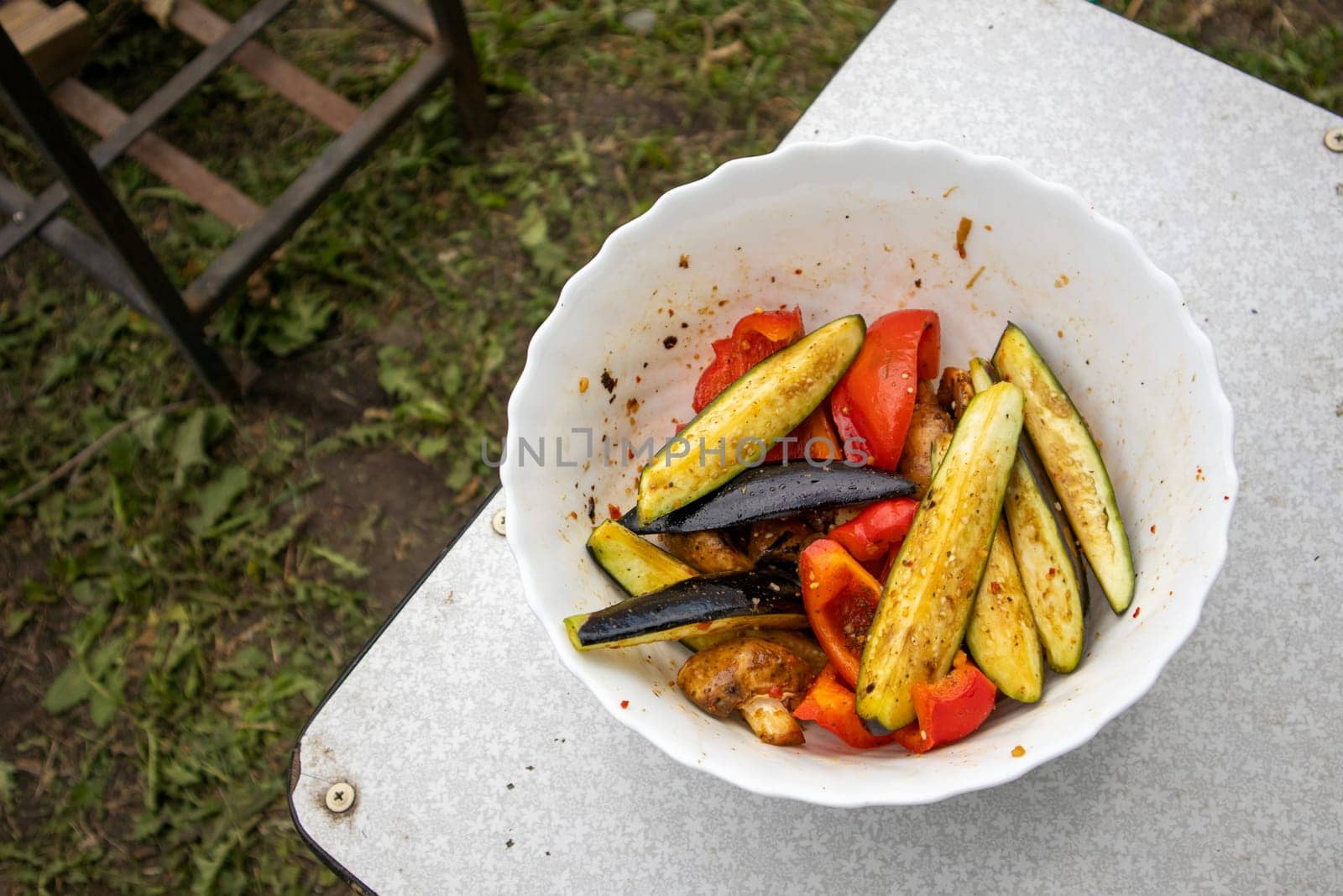 Delicious sliced grilled vegetables. Rustic background lawn and barbecue.